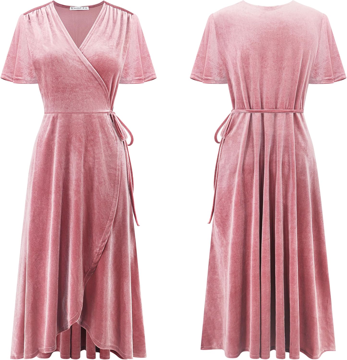 R.Vivimos Womens Velvet Pleated Wrap Tie Waist Elegant Flowy Party Plus Size Midi Dresses - Image 5