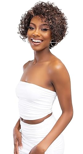 Peluca Ms.Auntie Lexi, rizo natural en estilo bob medio, fibra sintética de alta calidad (1B)