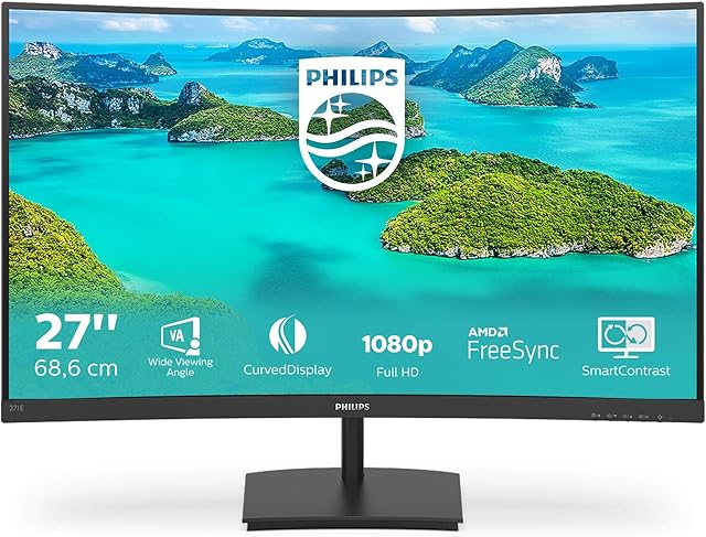 Philips 271E1SCA - 27 Inch FHD Curved Monitor, 75Hz, 4ms, VA, AMD FreeSync, Speakers, FlickerFree (1920 x 1080, 250 cd/m², VGA/HDMI)