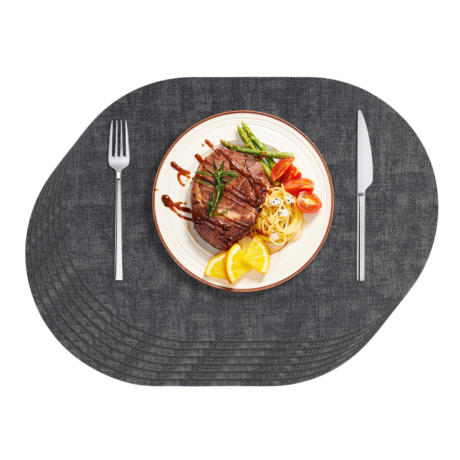 Minicoco Placemats Sets of 6, PU Leather Table Mats for Dining,Heat Resistant Non Slip Washable Place Mats for Table, Indoor Outdoor Kitchen Decor,43 × 30 cm(Black)