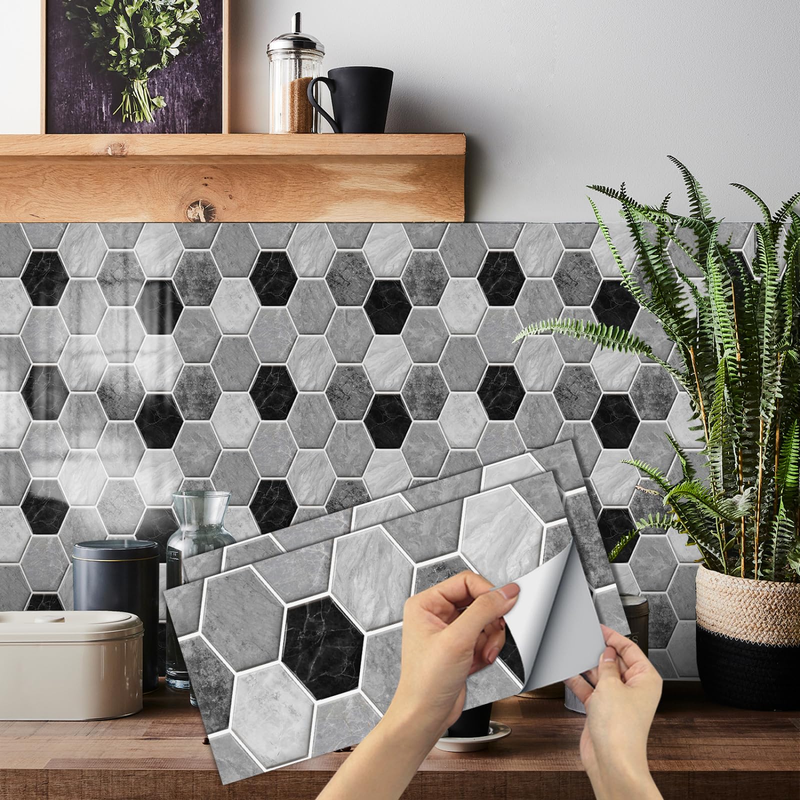 Rmjcxys Black/Gray Tile Stickers 30X15 Cm Hexagon Stick On Tiles Kitchen For Bathroom Waterproof Oilproof Backsplash Vinyl Decors Diy Peel And Stick Self Adhesive Wall Tiles (12 Pcs)