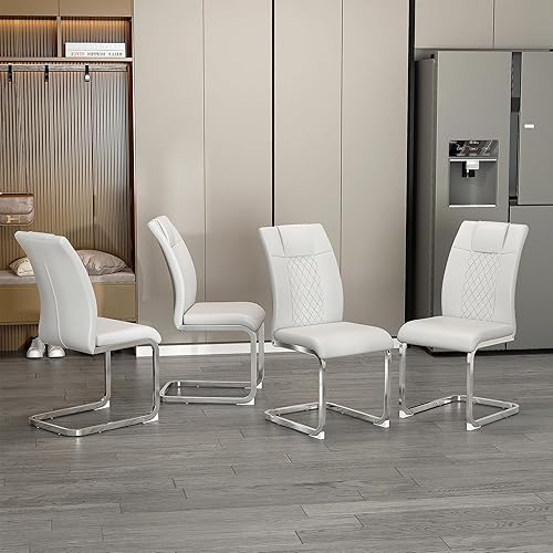Juego de 4 sillas de comedor, con asiento acolchado de piel sintética, sillas de comedor, silla tapizada con patas de metal para cocina, color blanco