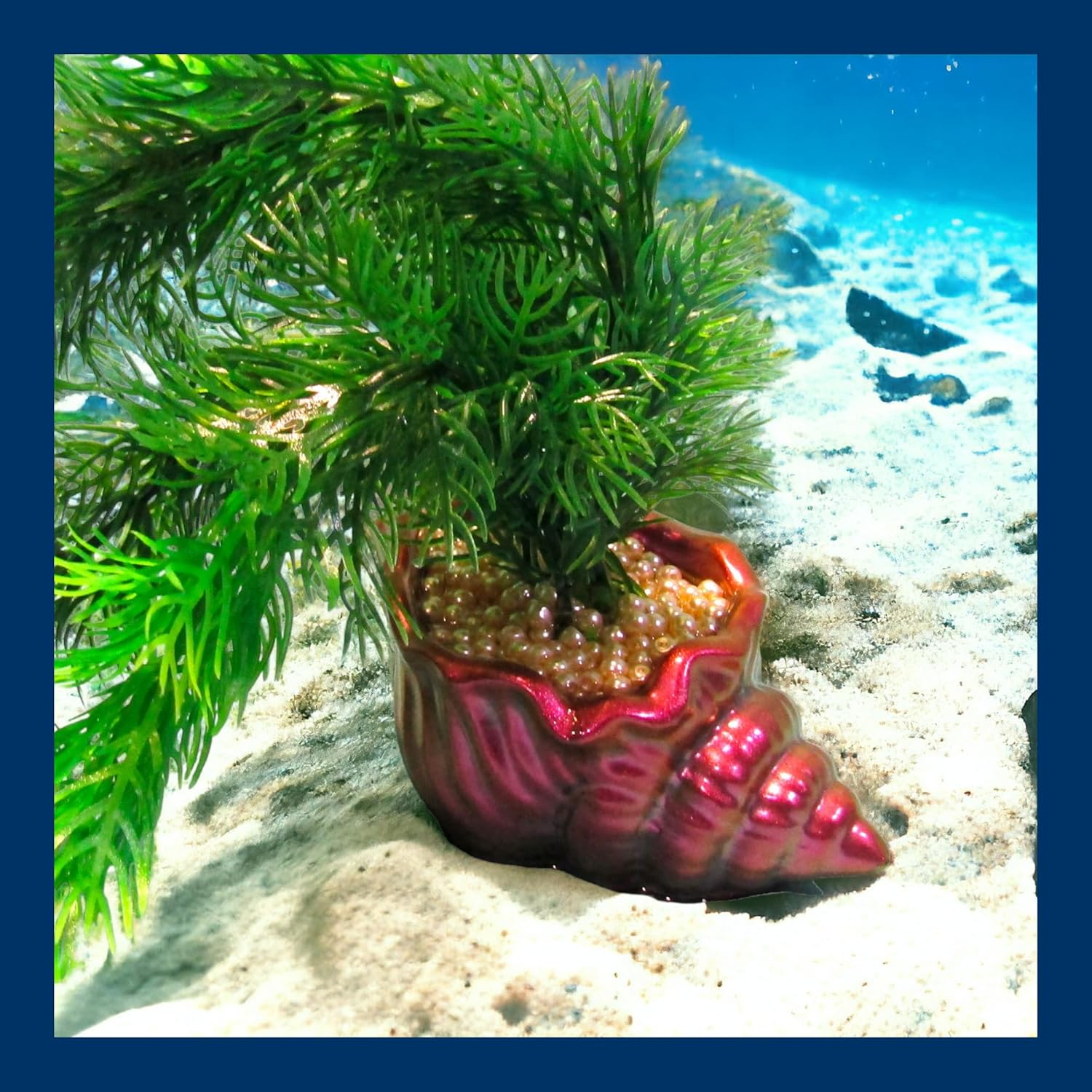 Handmade Purple & Pink Shell Aquarium Decoration with Pearls and Tall Green Artificial Plant. Heavy Fish Tank Decor Ornament.