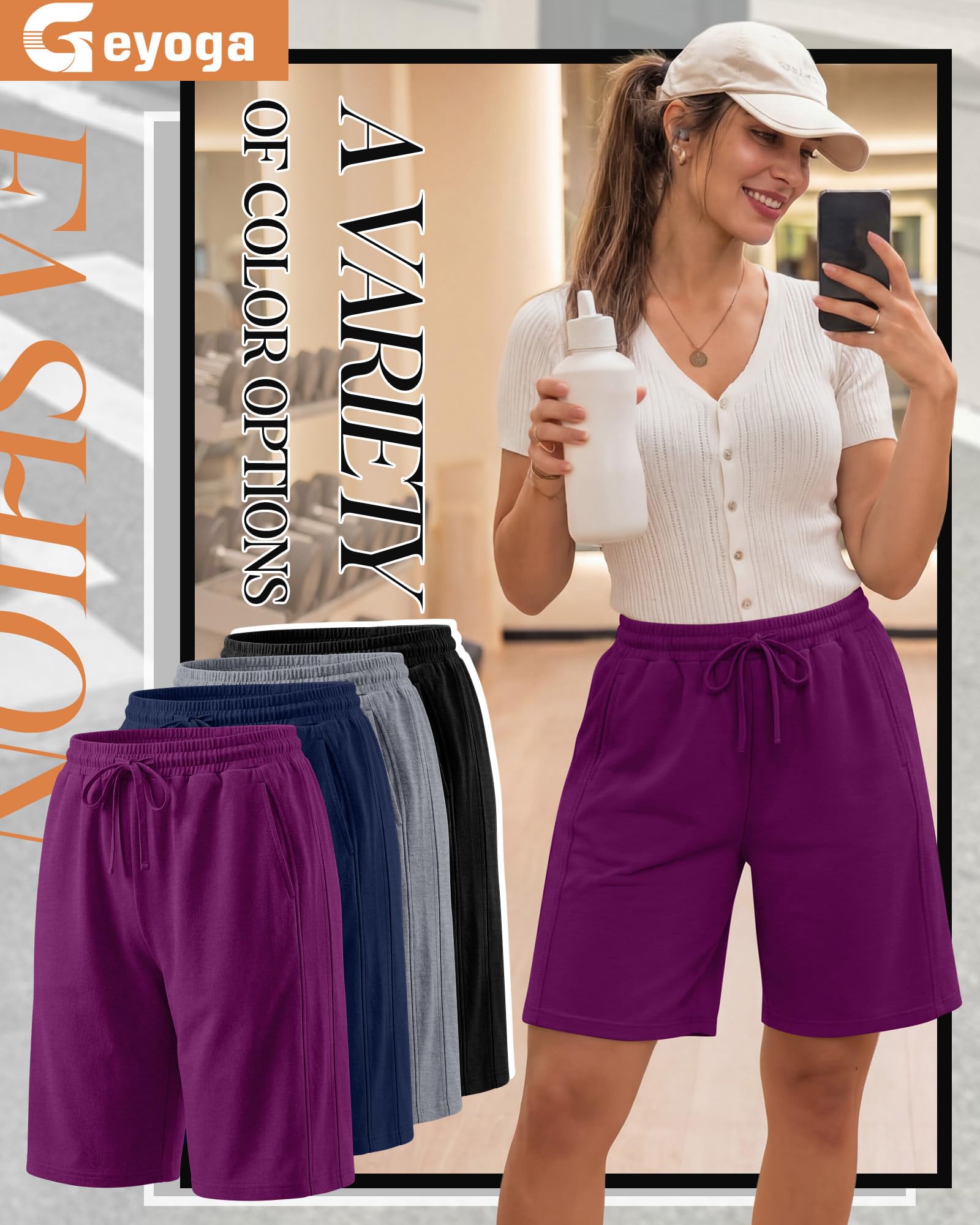 Geyoga Lot de 4 Bermudas pour Femmes, Taille Élastique avec Cordon de Serrage, Jambes Larges et Jambes Longues.