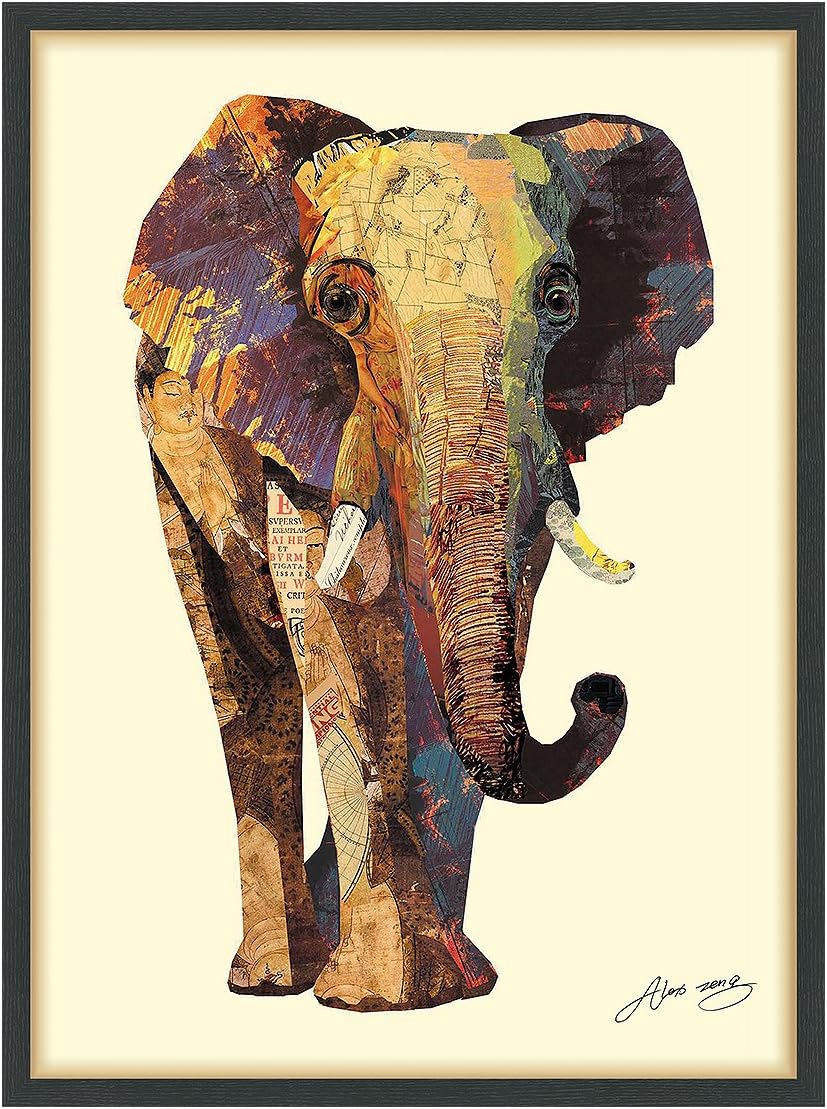 Empire Art Direct "Elephant" Dimensional Art Collage Hand Signed by Alex Zeng Framed Graphic Wall Art