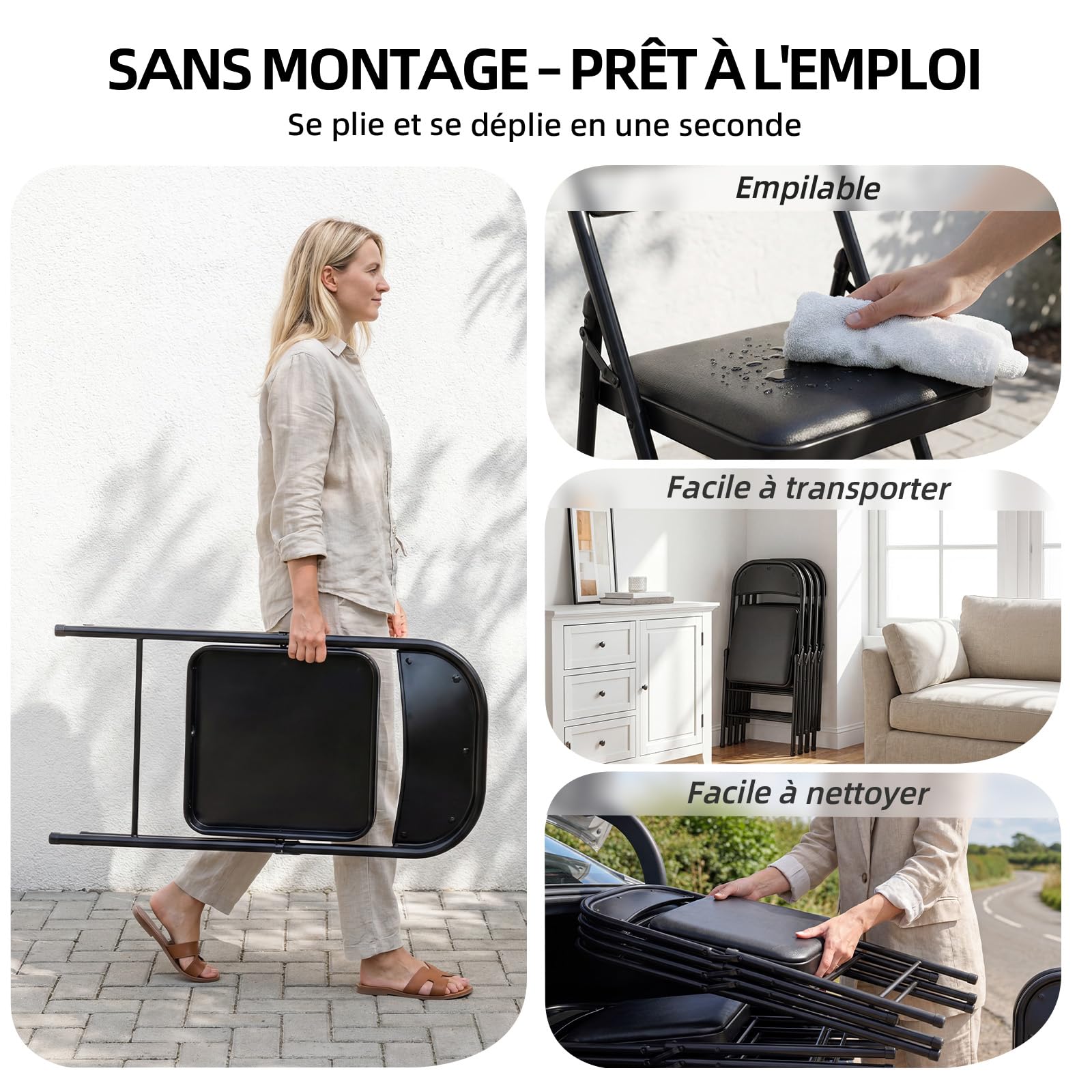 Lot de 6 Chaises Pliantes Rembourrées, Charge 158 kg, Cadre en Acier, Simili Cuir PU, Pliable Gain de Place, sans Montage, pour Salon, Salle à Manger, Camping, Jardin, Réception, Noir