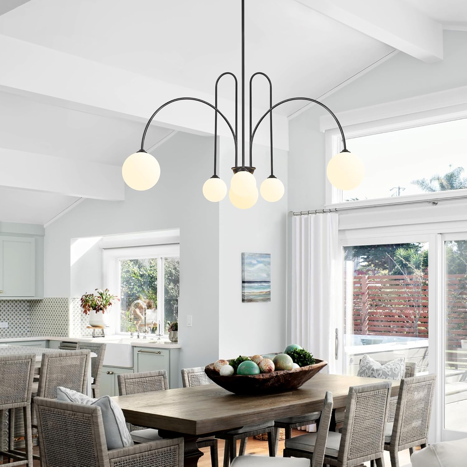 Black Sputnik Chandelier,6 Lights Modern Chandelier for Dining Room Mid Century Chandelier Large L49” Ceiling Pendant Light Fixtures with Milk Glass Globe Shades for Foyer Living Room Kitchen Island