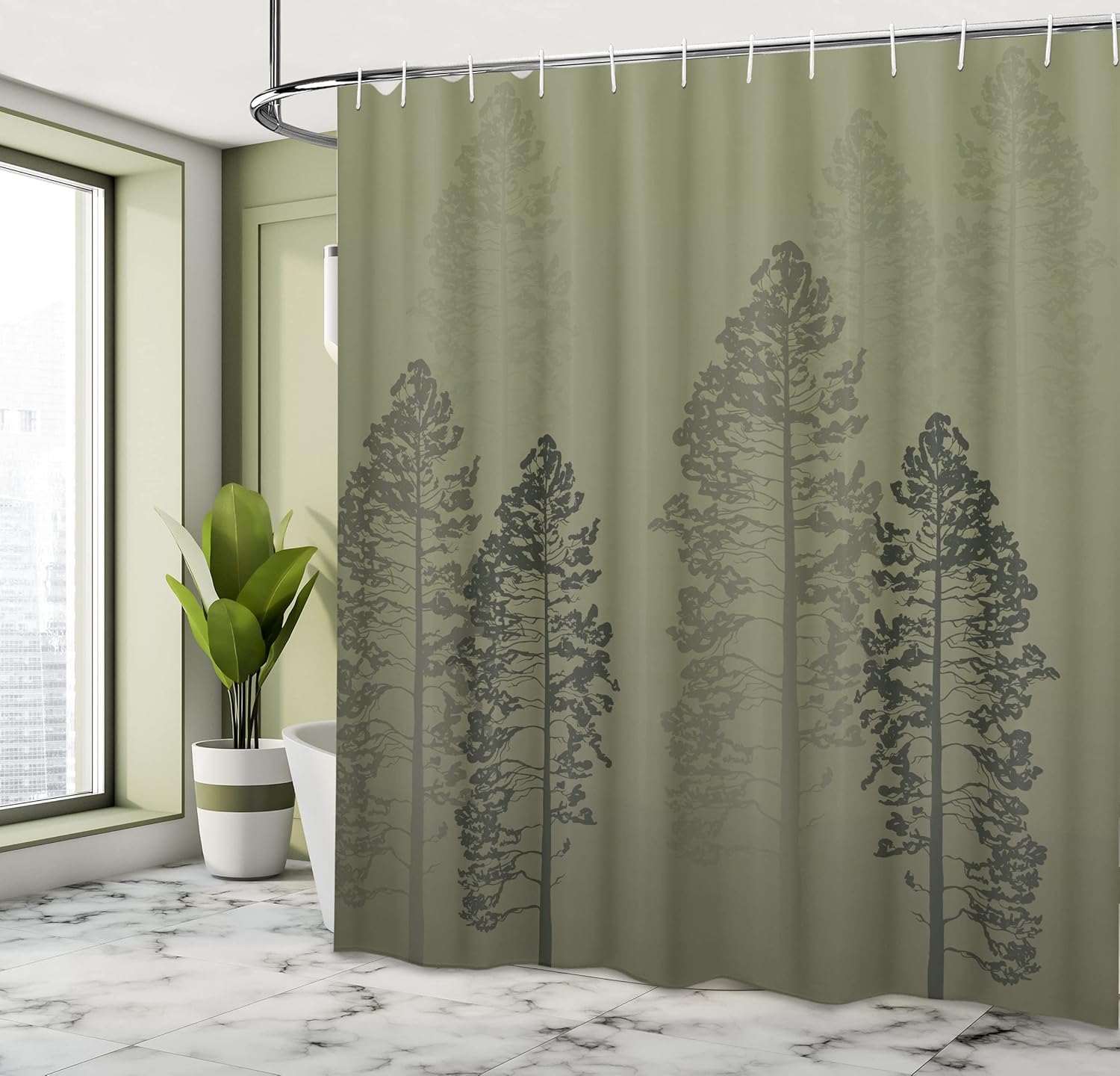 Ambesonne Country Shower Curtain, Pine Trees in The Forest on Foggy Seem Ombre Backdrop Wildlife Adventure Artwork, Cloth Fabric Bathroom Decor Set with Hooks, 69" W x 70" L, Sage Green
