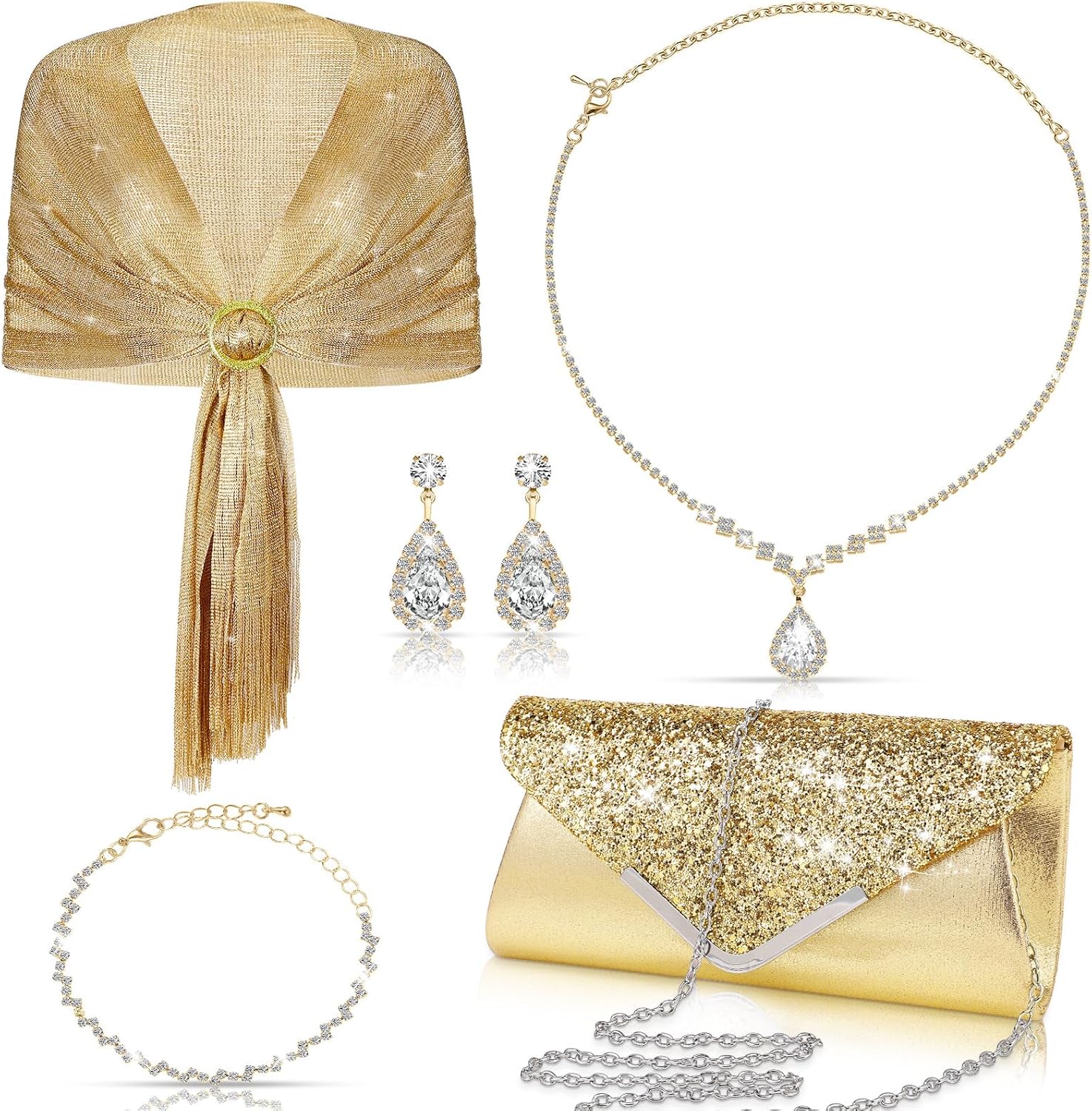 Tiamon 5 Pcs Rhinestone Jewelry Sets Shawls and Wraps Formal Clutch Purses for Women Evening Party Weddings Bridal Showers