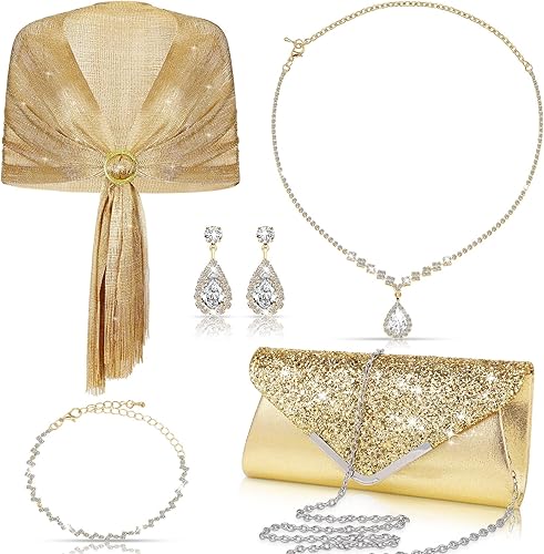 Miniatura 9 de Tiamon Juego de 5 piezas de joyas de diamantes de imitación, chales y envolturas formales para mujeres, vestidos de noche, bodas nupciales