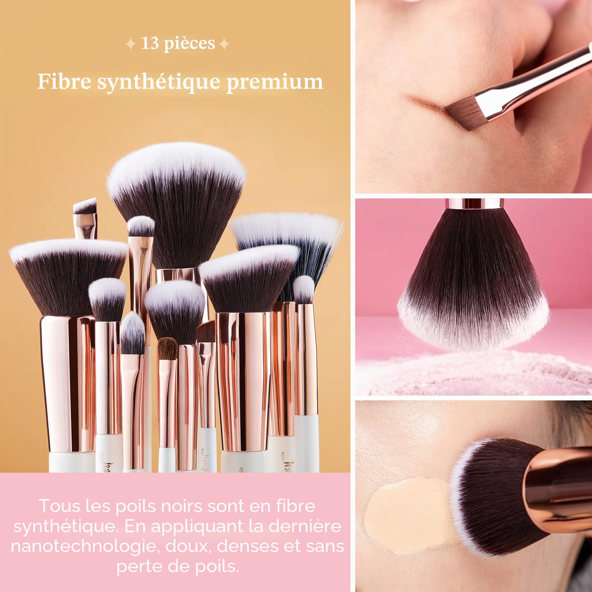 Jessup pinceaux maquillages 25 pièces kit professionnel pinceau a maquillage fond de teint poudre, fard à joues rouge lèvres brosses maquillage cheveux synthétiques naturelles Blanc/Or rose T215