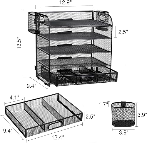 Miniatura 4 de NCXTKJ Organizador de escritorio de 5 niveles con cajón y soporte para bolígrafos, organizador de archivos de malla con asa, suministros de oficina,