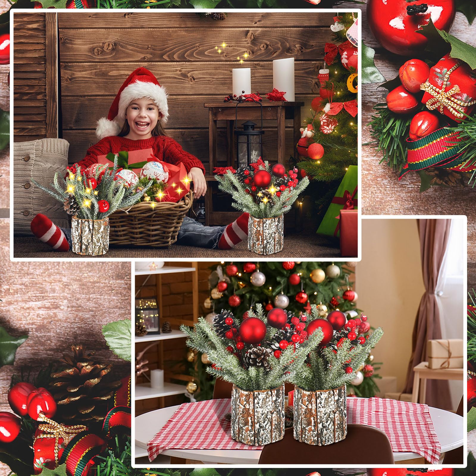 Lyrow Lot de 2 mini sapins de Noël en pot pré-éclairés avec lumières - Mini décorations de table artificielles avec baies et pommes de pin, 35 x 30 cm
