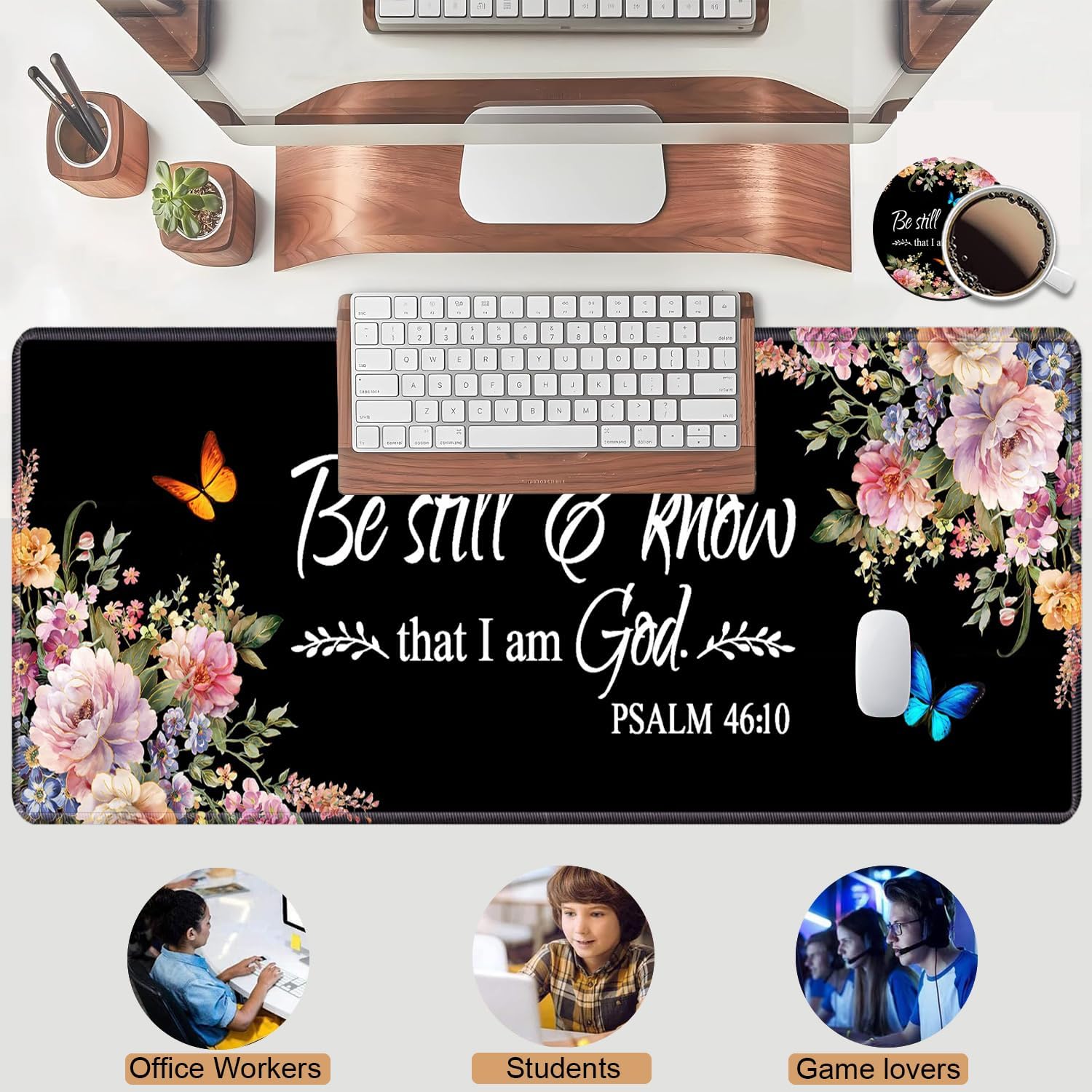 Desk Pad Mat Gaming Mouse Pads with Coasters Set, Stitched Edges Design XXL Large Mouse Pad for Laptop Computers Floral Quote Bible Verse Psalm 46:10 Desk Writing Mat for Office & Home 35.4"x 15.7"