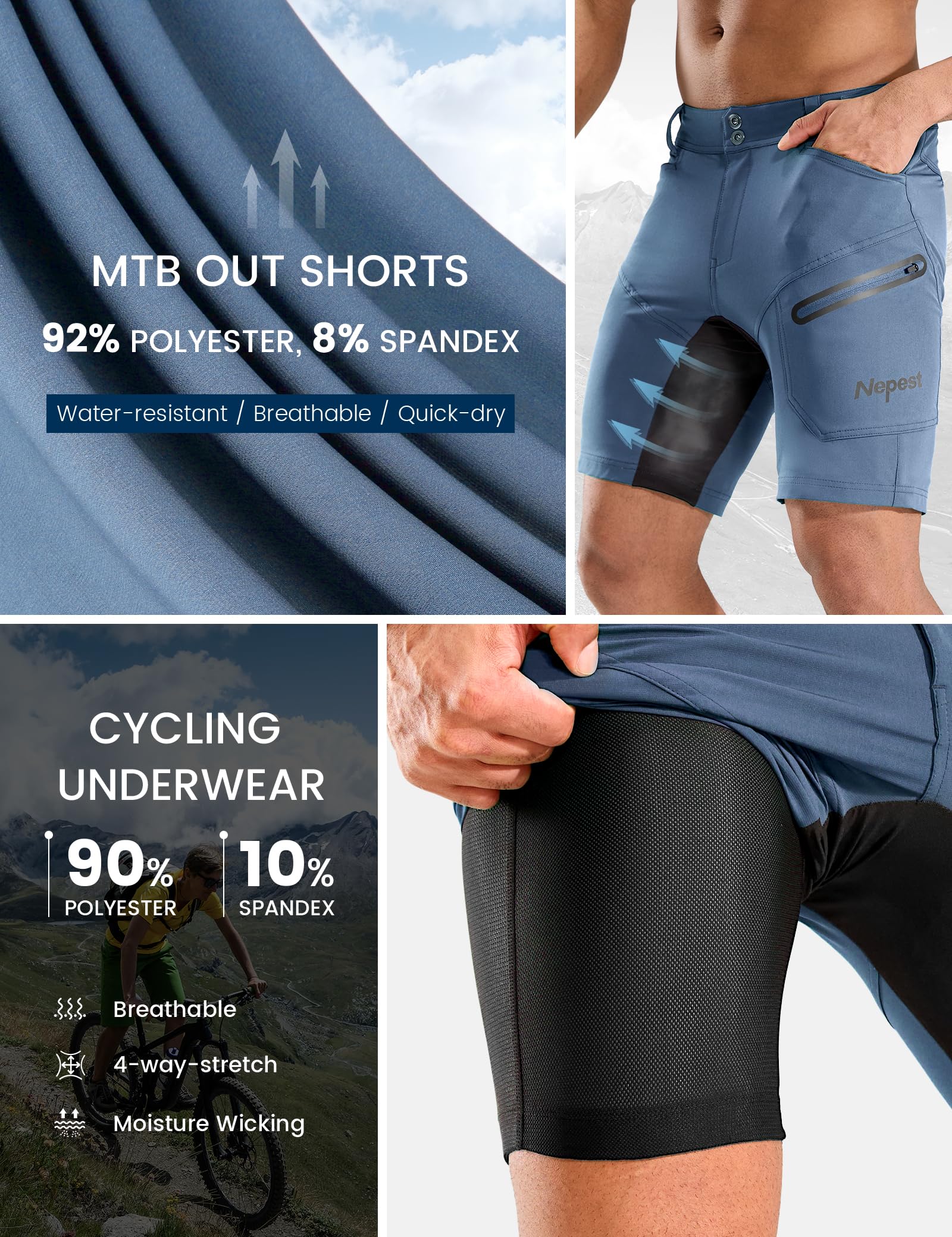 Nepest Mountainbike Hose Herren Kurz MTB Shorts Gepolstert 3D Fahrradhose Locker mit Reißverschluss Tasche Bike Shorts Atmungsaktiv