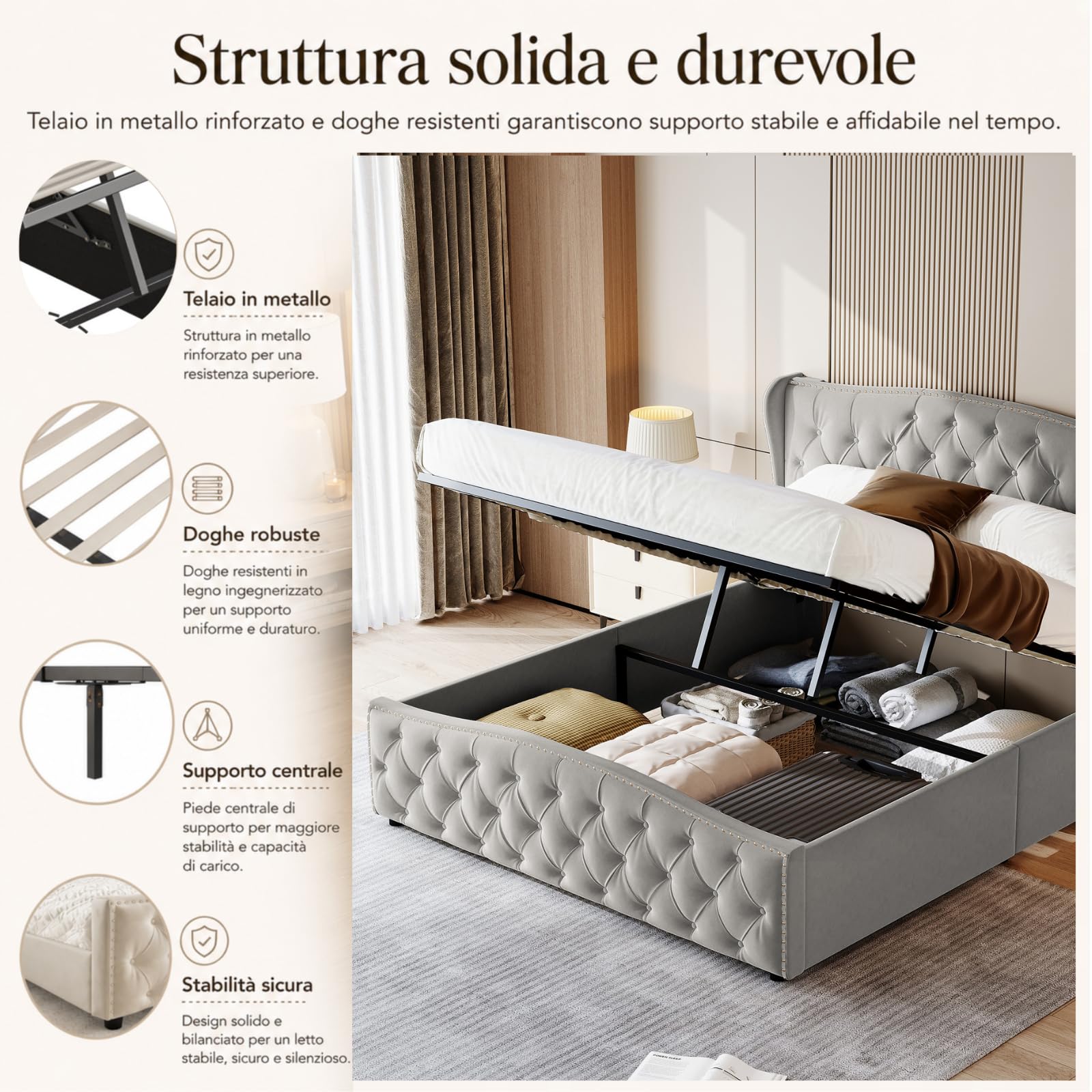 Letto Imbottito Matrimoniale 160 x 200 cm, Letto di Stoccaggio Idraulico