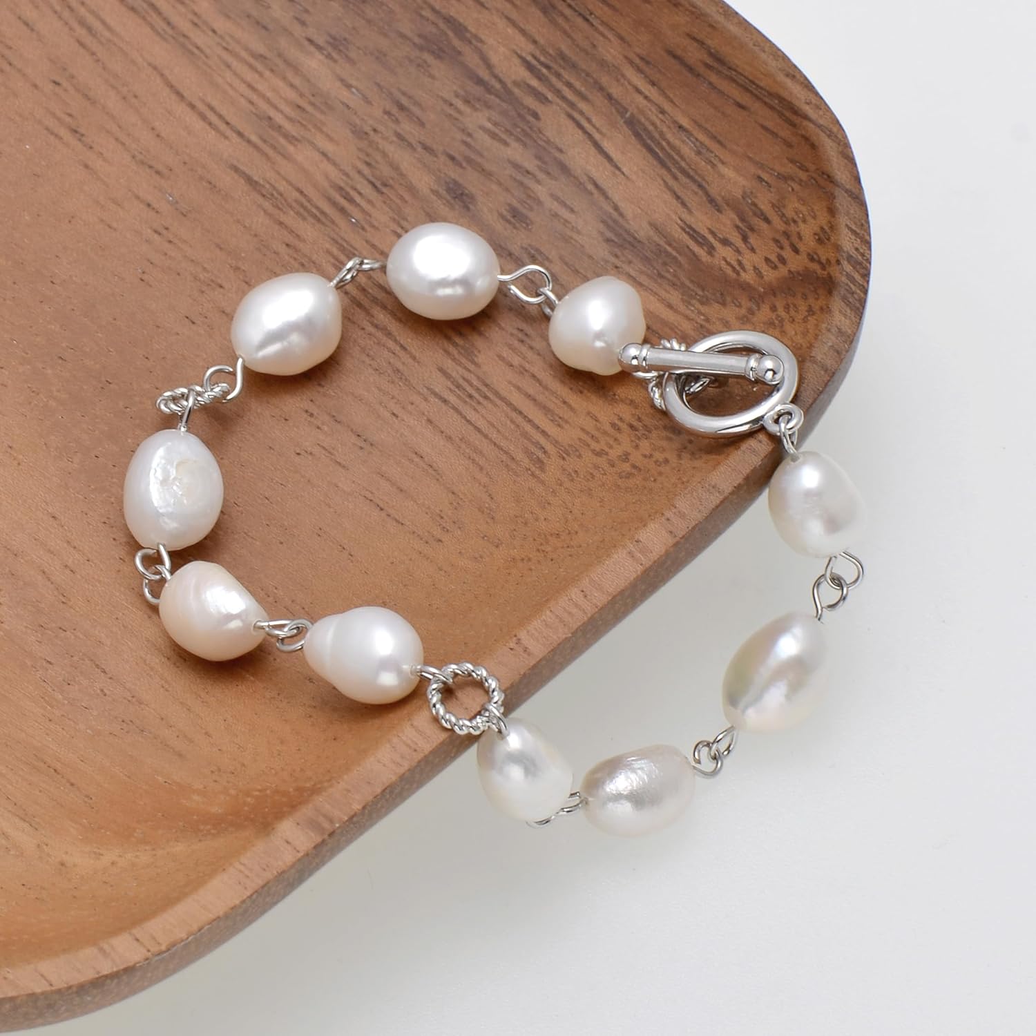 Freshwater Cultured Baroque Pearls Beaded Wire Linked Bracelet Toggle Clasp, 7.5" - Image 2