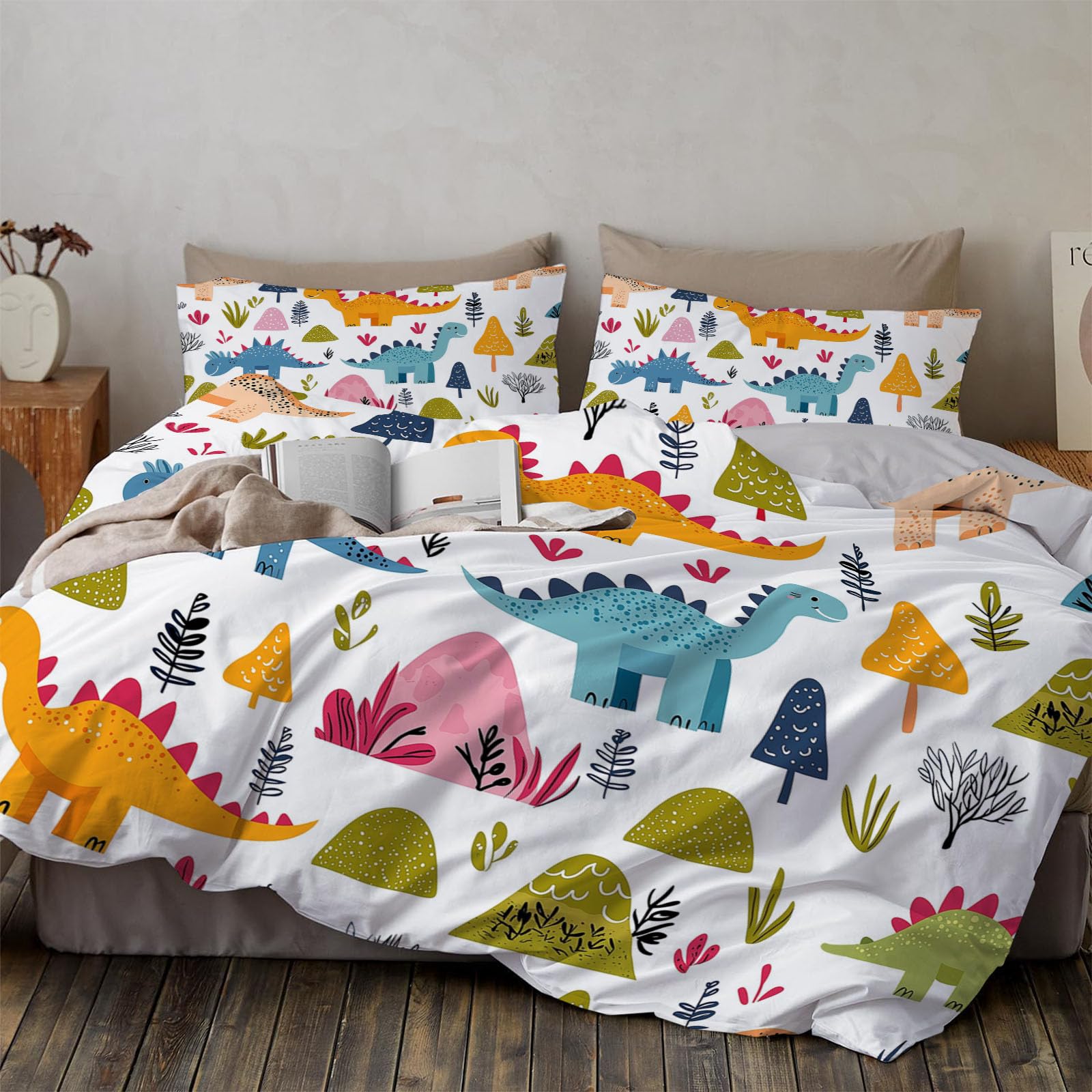 Parure de lit dinosaures 220x240 cm en microfibre crème avec 2 taies d'oreiller