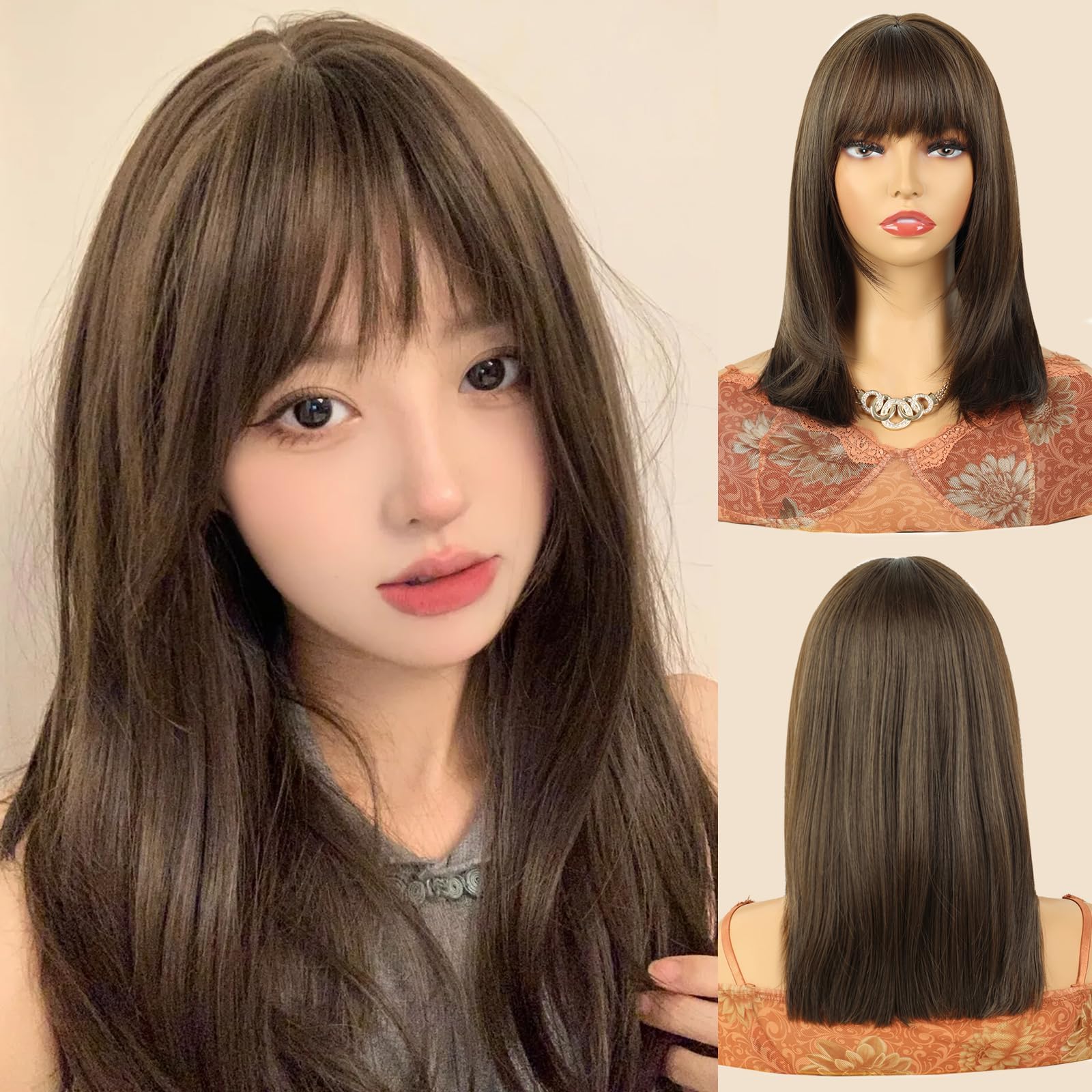 Creamily Straight Short Hair Wig for Woman Full Head Natural, Full Head Hair Wig for Women, Bob Cut Wigs for Women, Ladies Wigs with Bangs,Korea Bob Style for Daily Use (Brown, 14 Inches)
