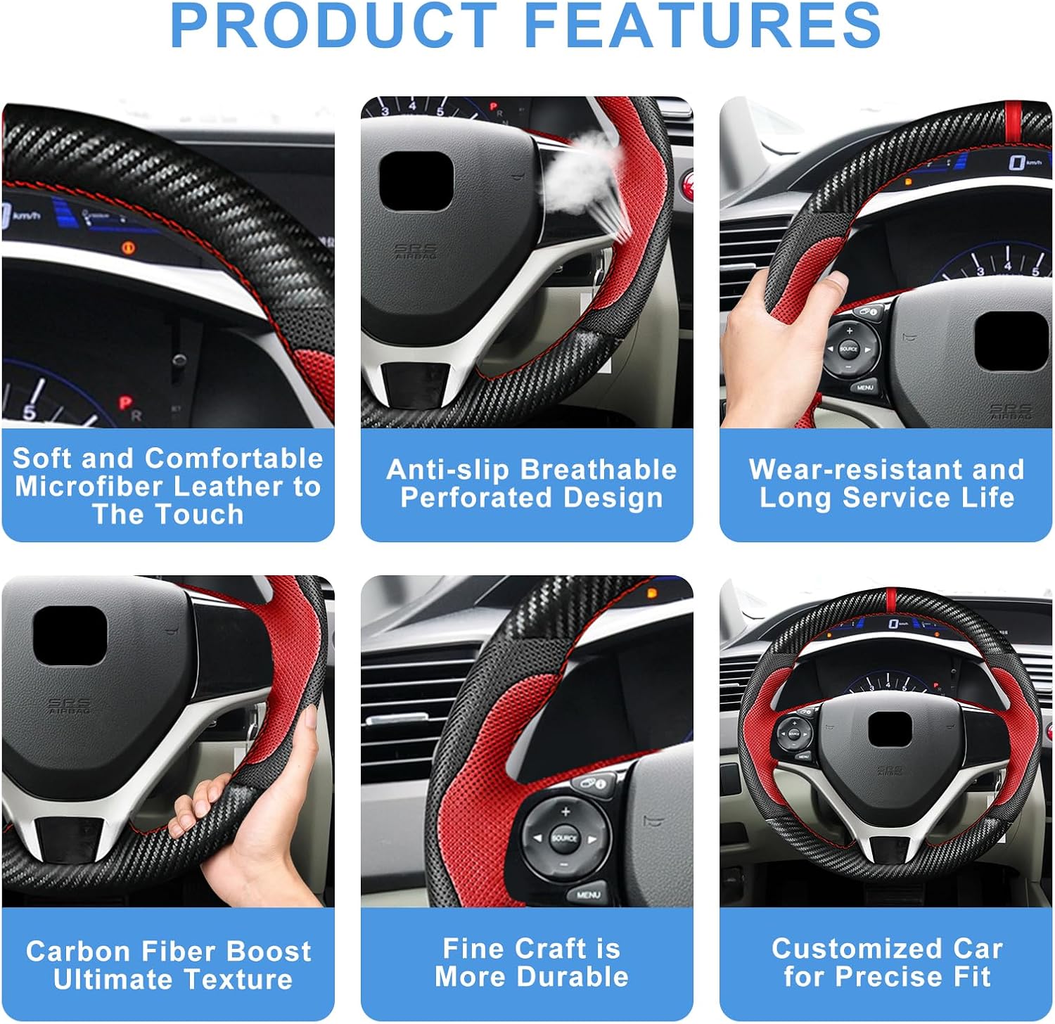 Microfiber Leather DIY Steering Wheel Cover for Honda Civic 10th Gen 2016-2021/CR-V 17-21/Clarity 16-18/Breeze 20-21/Crider Envix 2019-2020 Accessories, Carbon Fiber Hand Sewn Full-Wrap