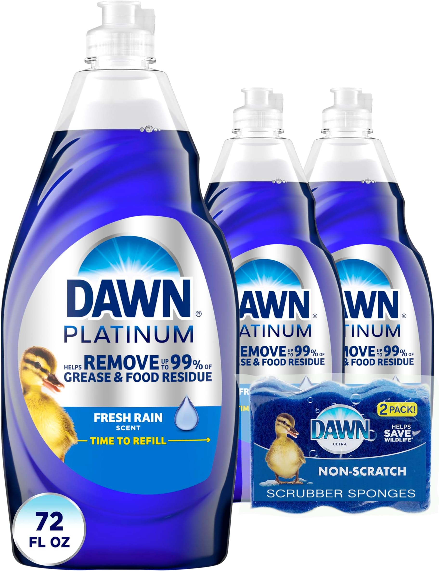 Dish Soap Platinum Dishwashing Liquid + Non Scratch Sponges for Dishes, Refreshing Rain Scent, Includes 3x24oz + 2 Sponges Packaging May Vary, 5 Piece Set