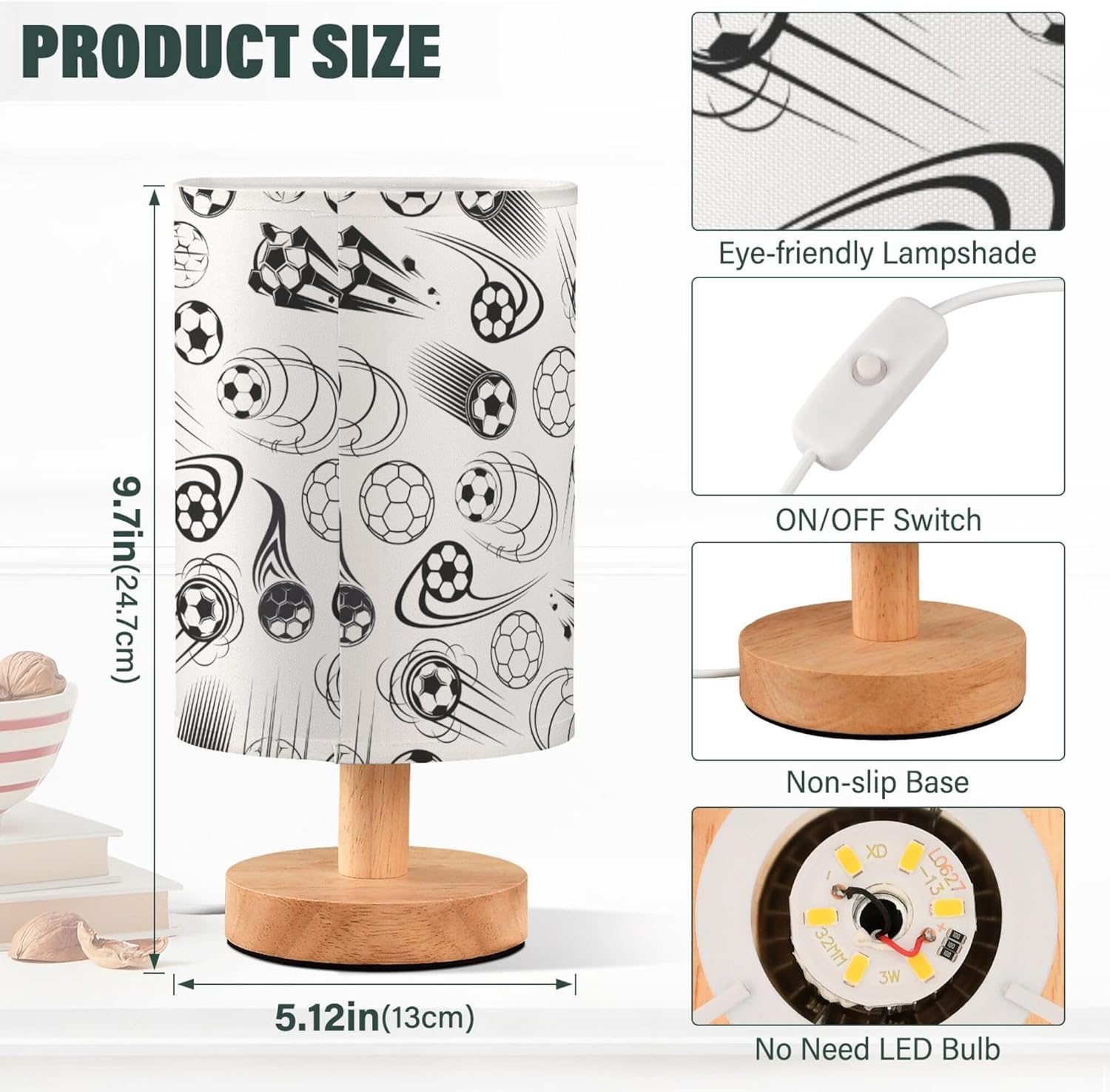 Table Lamp Black and White Soccer Ball Sport Theme American Football Pattern Nightstand Lamp with Wood Base Fabric Lamp Shade Bedside Desk Lamp for Living Room Bedroom Kids Room Office