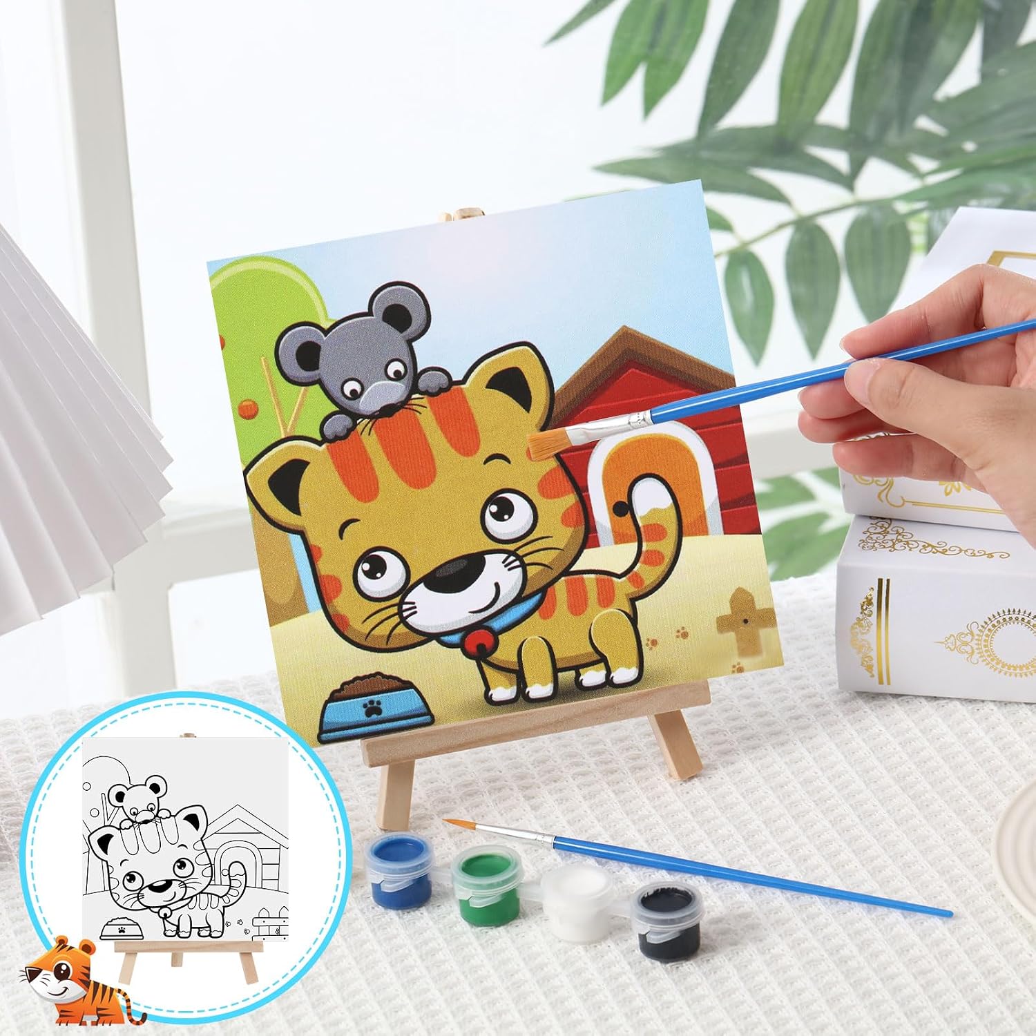 Tenceur 12 Sets Pre Drawn Canvas to Paint Adult Stretched Coloring Painting Canvas Panels with Design Easel and Brushes for Party Supplies Beginner Favor(Cute Style) image 5