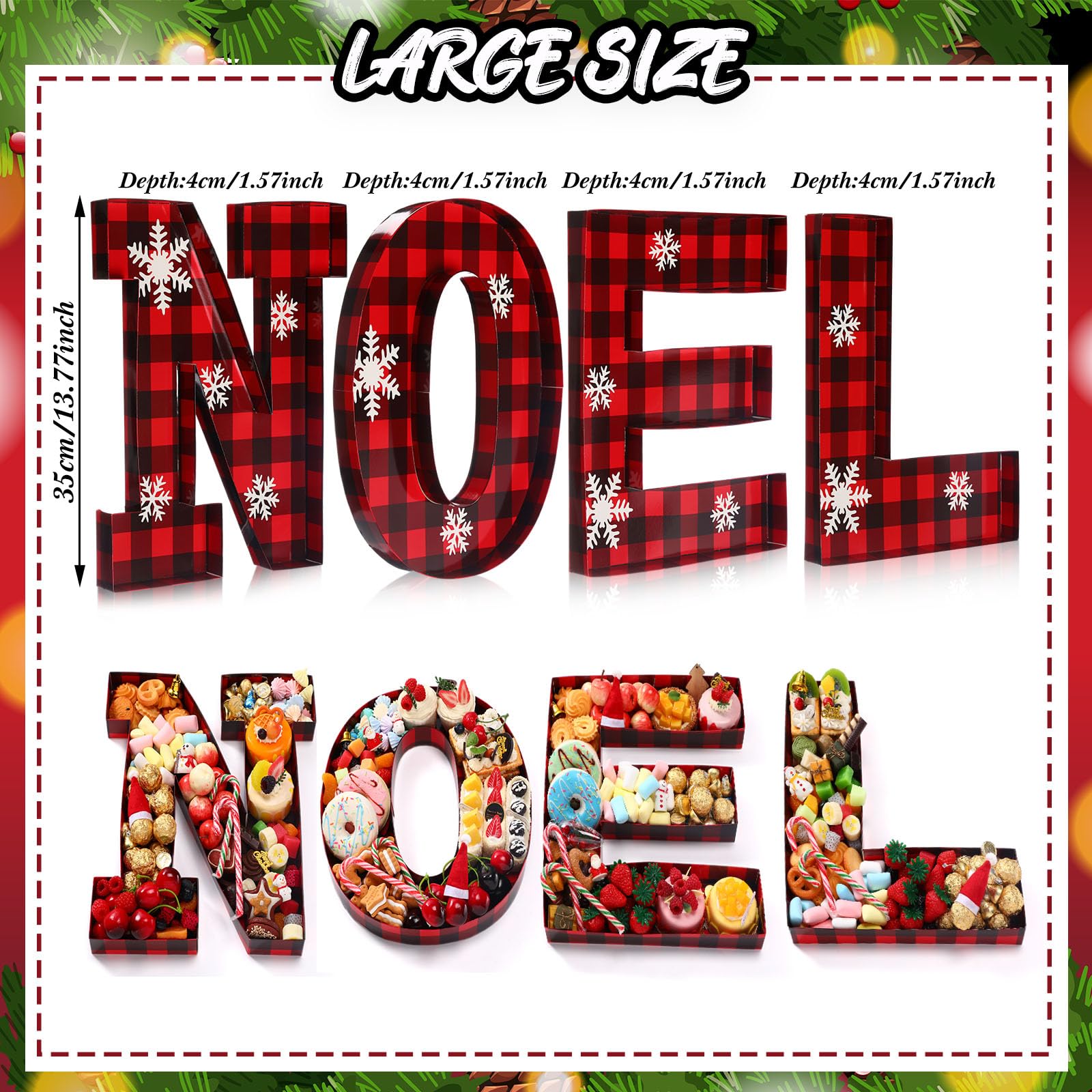 Tellingyou 4 Pcs 13.7''H NOEL Christmas Charcuterie Letters Fillable Cardboard Box Christmas Plaid with Snowflake Stickers Decoration Mache Candy Container for Xmas New Year Themed Decoration Supplies