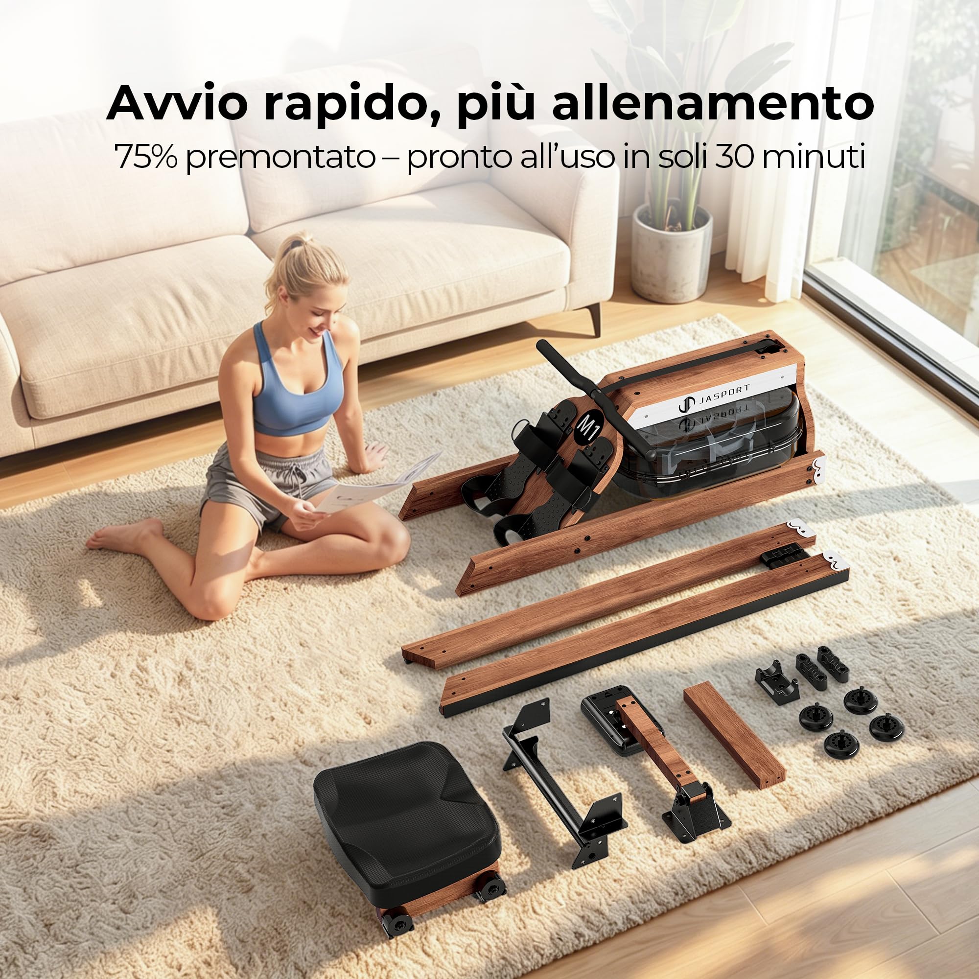 M1 vogatore casa pieghevole e salvaspazio, in legno di gomma certificato FSC, con serbatoio dell'acqua da 20 l, monitor LCD, Bluetooth, compatibile con Kinomap, supporto per tablet, portata