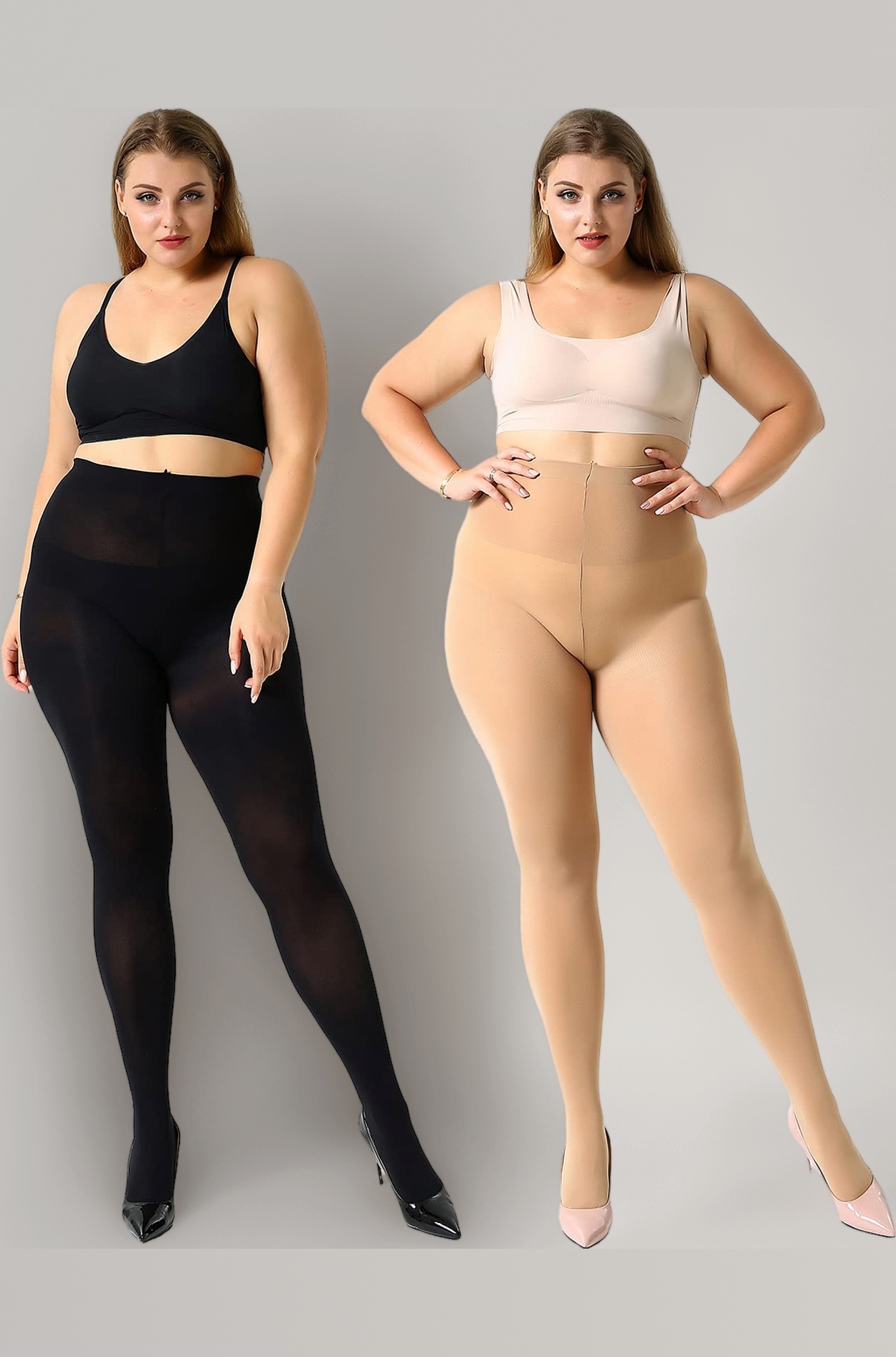 Women's 2 Pairs Control Top Pantyhose High Waist Plus Size Tights Ultra-Soft