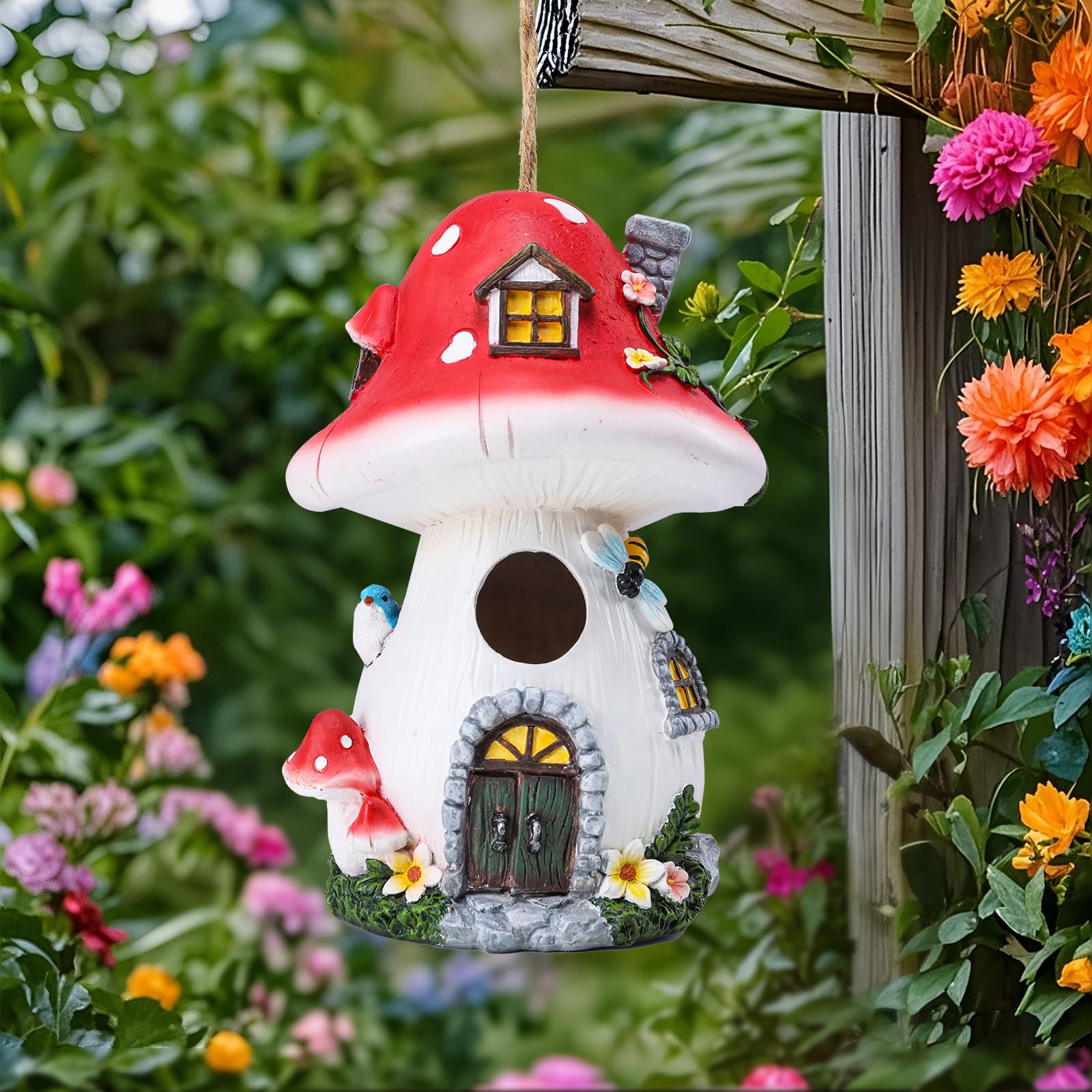 Yinns Bird House, Birdhouses for Outside, Decorative Mushroom Bird Houses for Outdoor Hummingbird, Bluebird Garden Decor