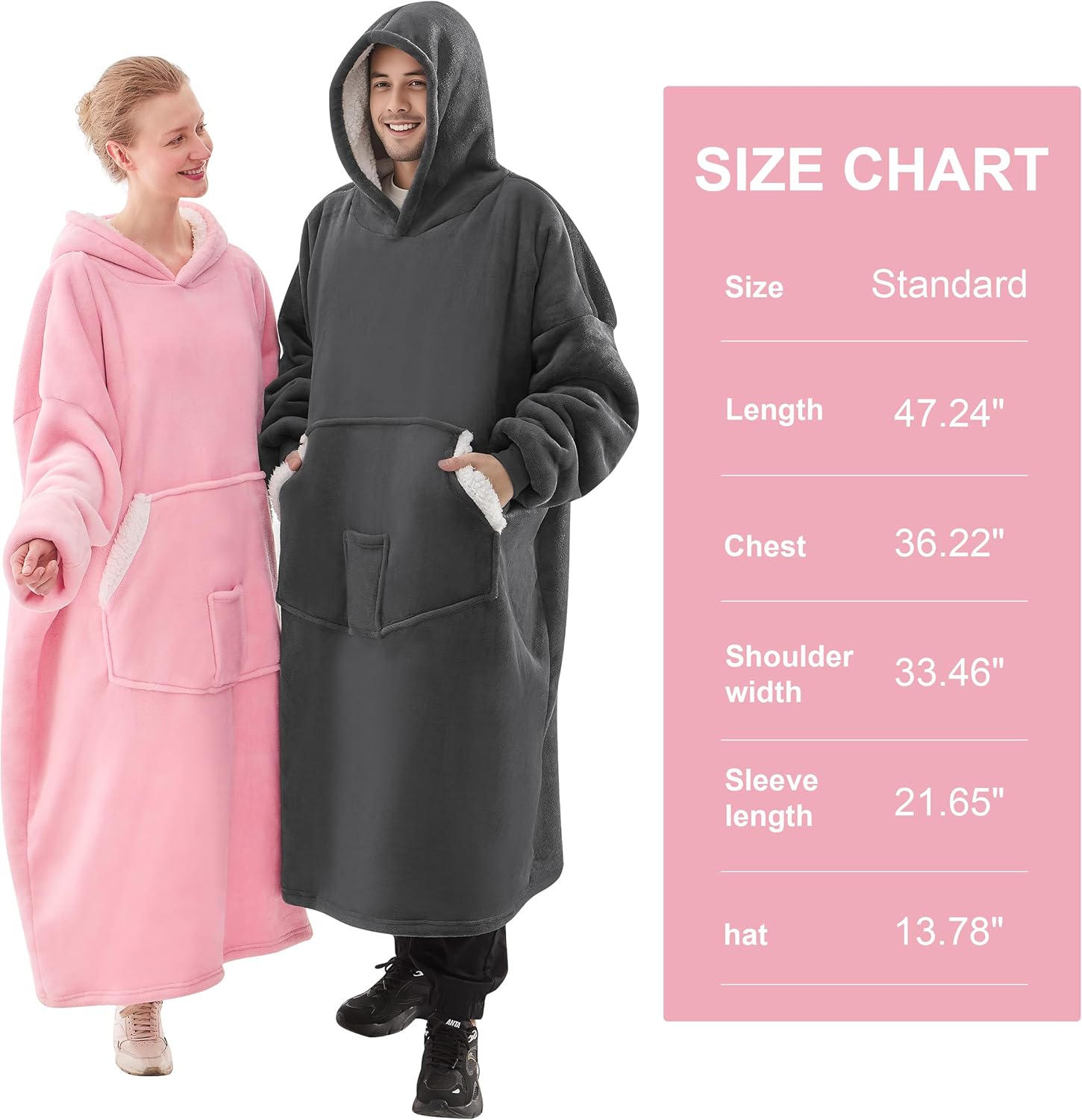 Wearable Blanket Hoodie, Birthday Christmas Gifts for Women Mom Girlfriend, Oversized Cozy and Giant Flannel Sherpa Hooded Sweatshirt Blanket with Hood Pockets & Sleeves, Extra-Long, Pink - Image 5