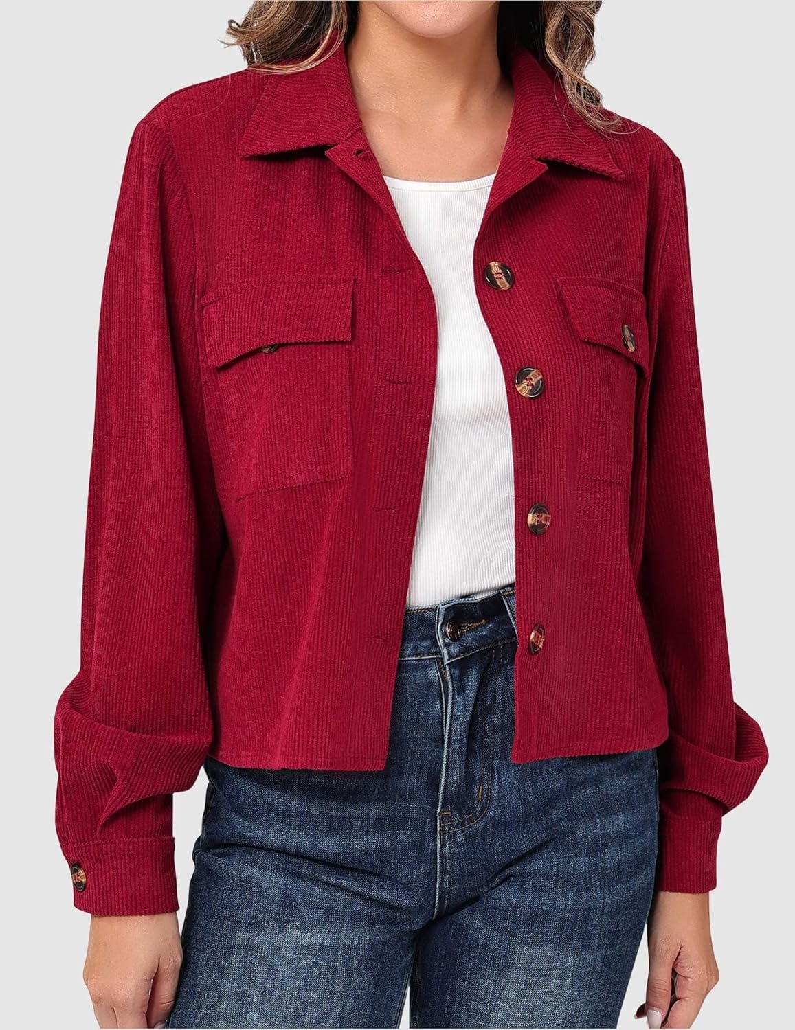 Women's Trendy Fall Cropped Corduroy Shacket Button Front Long Sleeve Lightweight Jacket Top - Image 5