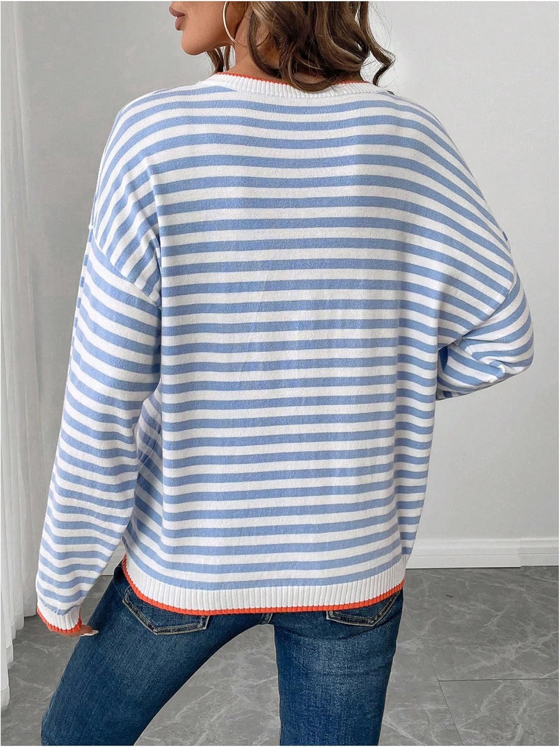 Women's Striped Sweaters Crew Neck Long Sleeve Knit Pullovers Fall Tops - Image 2