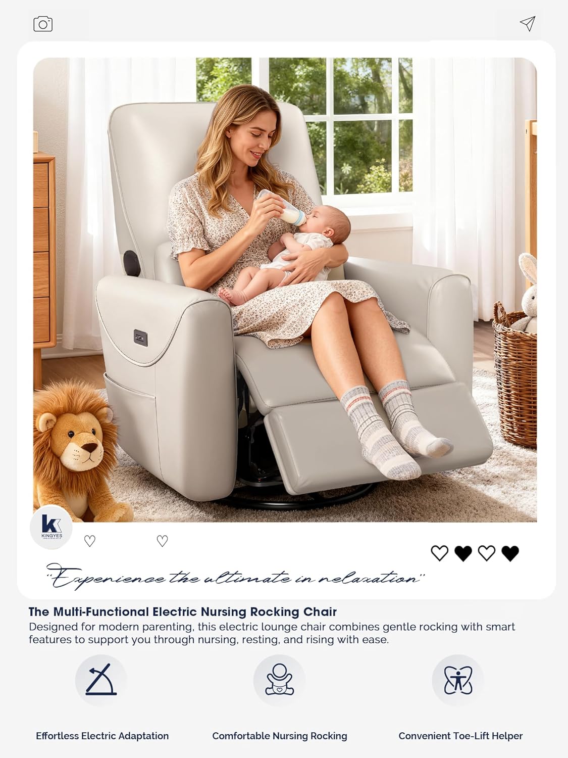 KINGYES Nursery Recliner Rocking Chair, 270° Swivel Glider, with Bluetooth Speaker & USB-C Port, Faux Leather Nursery Rocking Chair, Gray