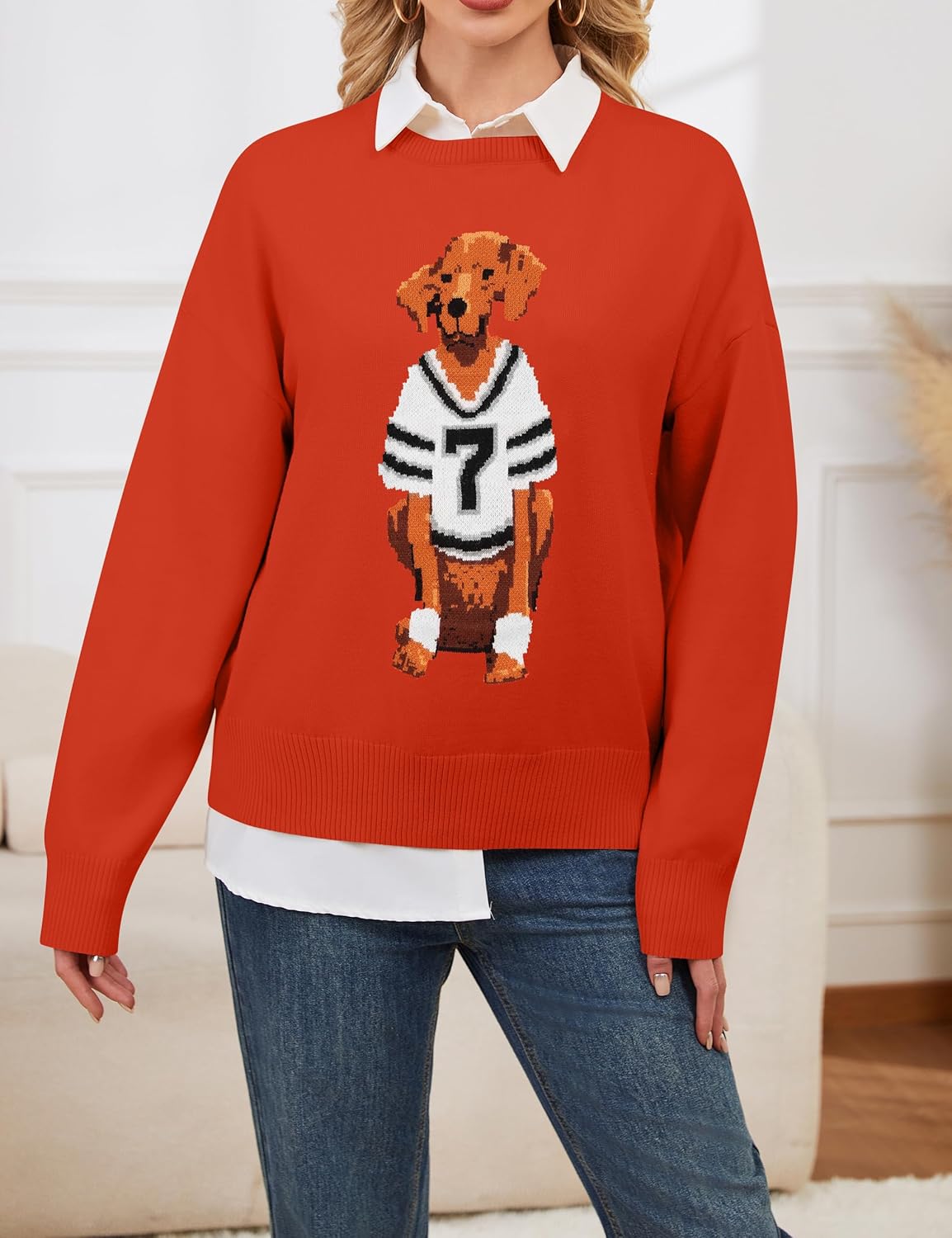 Women Dog Print Sweater Crew Neck Long Sleeve Knit Top Pullover Jumper Fall Winter 2025 Cloth Outfits - Image 6