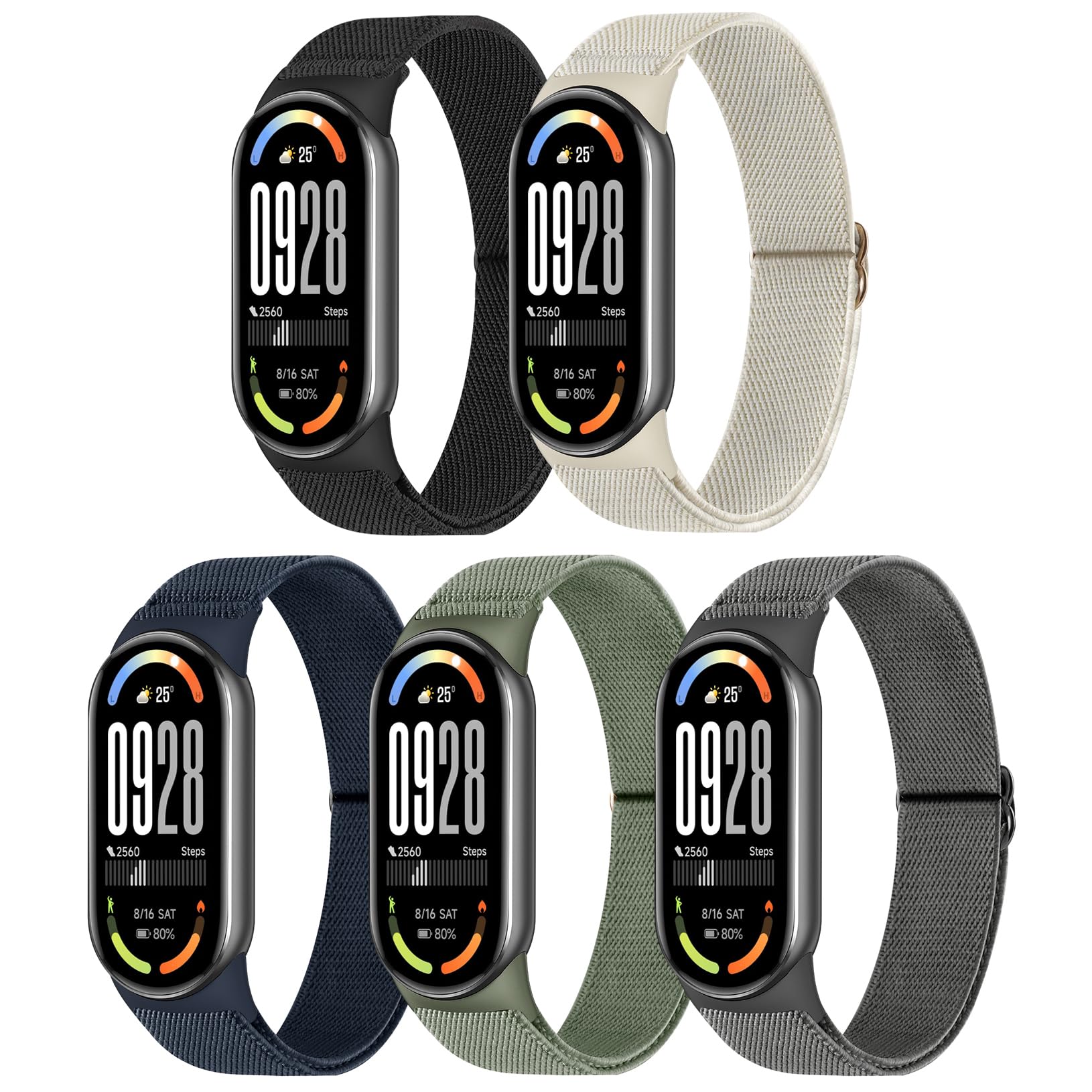 Wizvv Watch Straps Compatible with Xiaomi Smart Band 10/9/8, Pack of 5 Elastic Soft Nylon Adjustable Stretchy Nylon Bracelets Sports Replacement Wristband for Mi Band 10/9/8 for Women Men