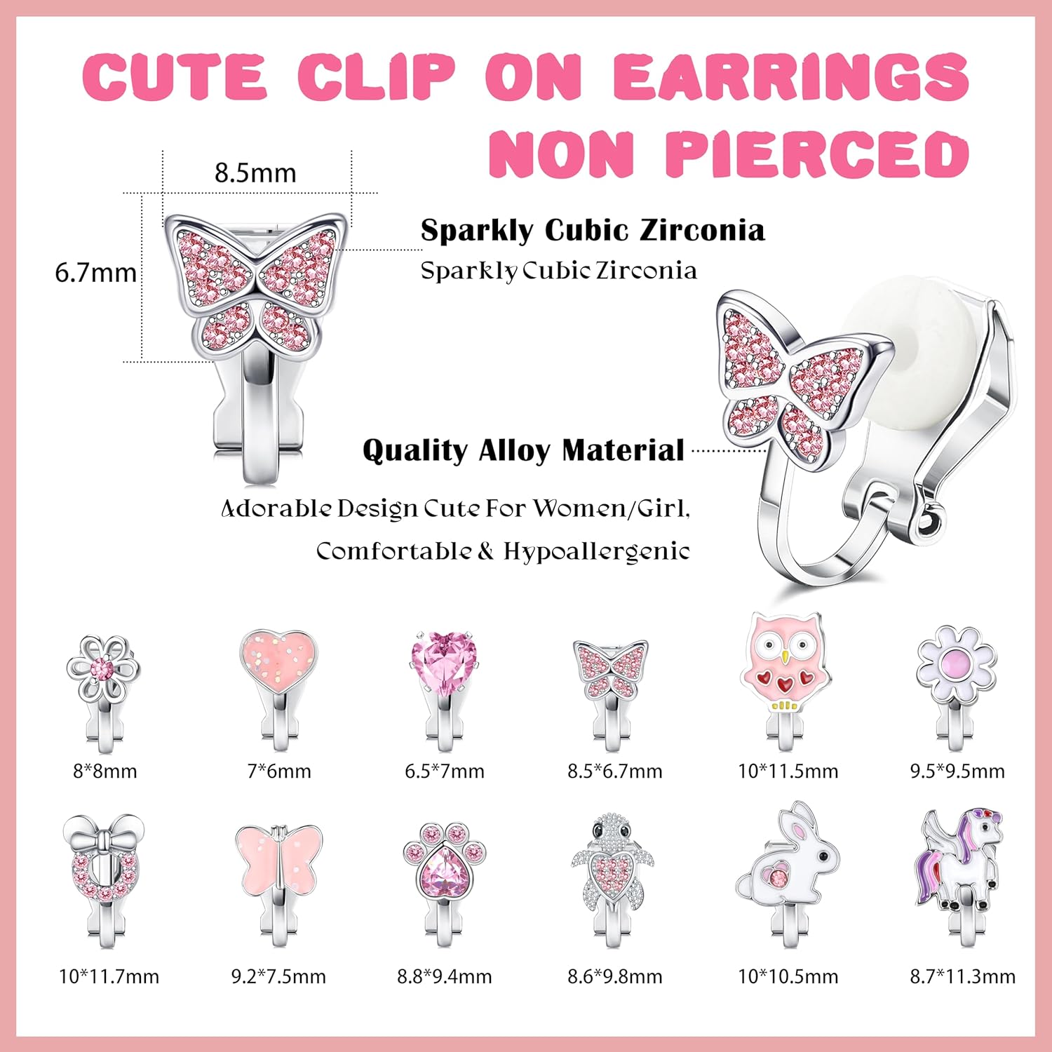 FUNRUN JEWELRY 12 Pairs Clip On Earrings for Women Hypoallergenic Fake Non Pierced Earrings Cute CZ Cat Fox Turtle Rainbow Flower Butterfly Heart Clip-On Earring Set Multicolored Silver - Image 2