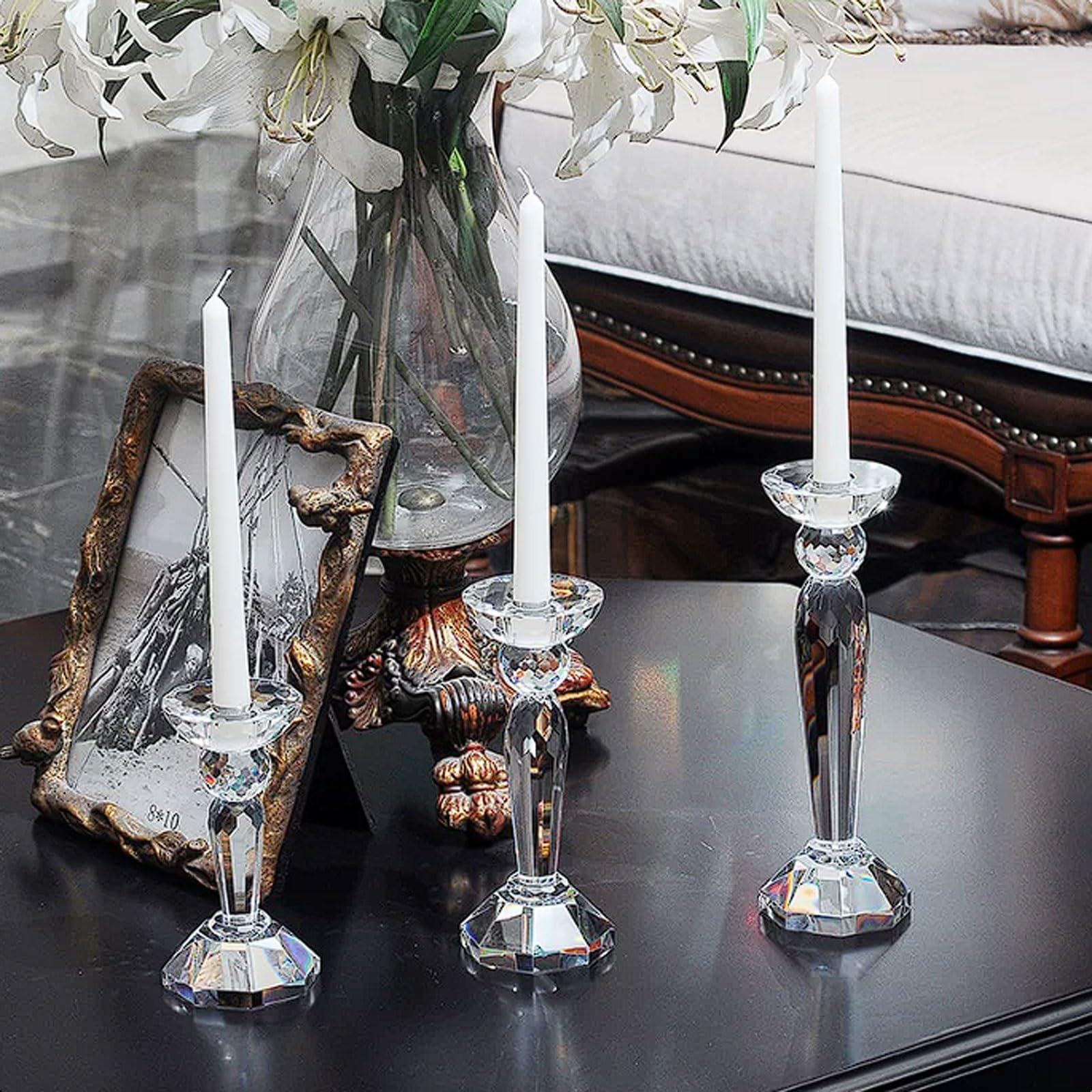 Ensemble de 3 bougeoirs en Cristal, Centre Table décoratif for Mariage, dîners aux chandelles, Verre fabriqué à la Main