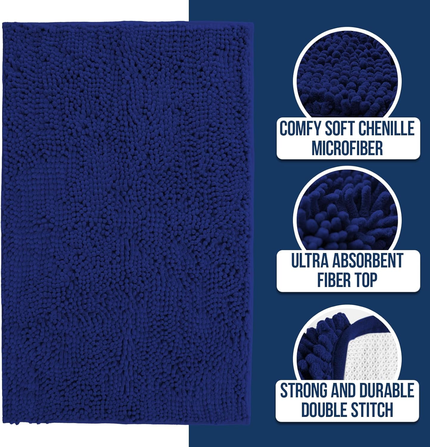 Muddy Mat® | Chenille Bathroom Rugs Quick Dry Microfiber Mats Non Slip Washable, Extra Thick, Soft and Highly Absorbent Bath Mats for Bathroom, Kitchen, and Shower Floor - Navy Blue 19"x30"