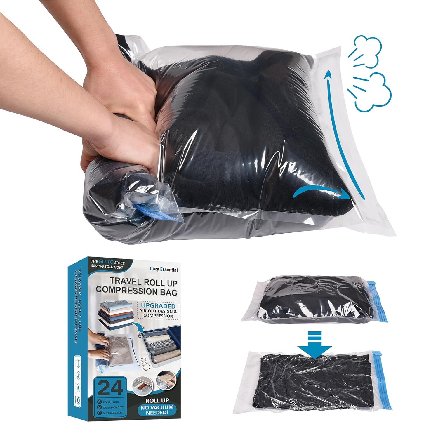 Cozy Essential Compression Bags for Travel - Travel Essentials - 24 Pack Space Saver Bags - No Vacuum