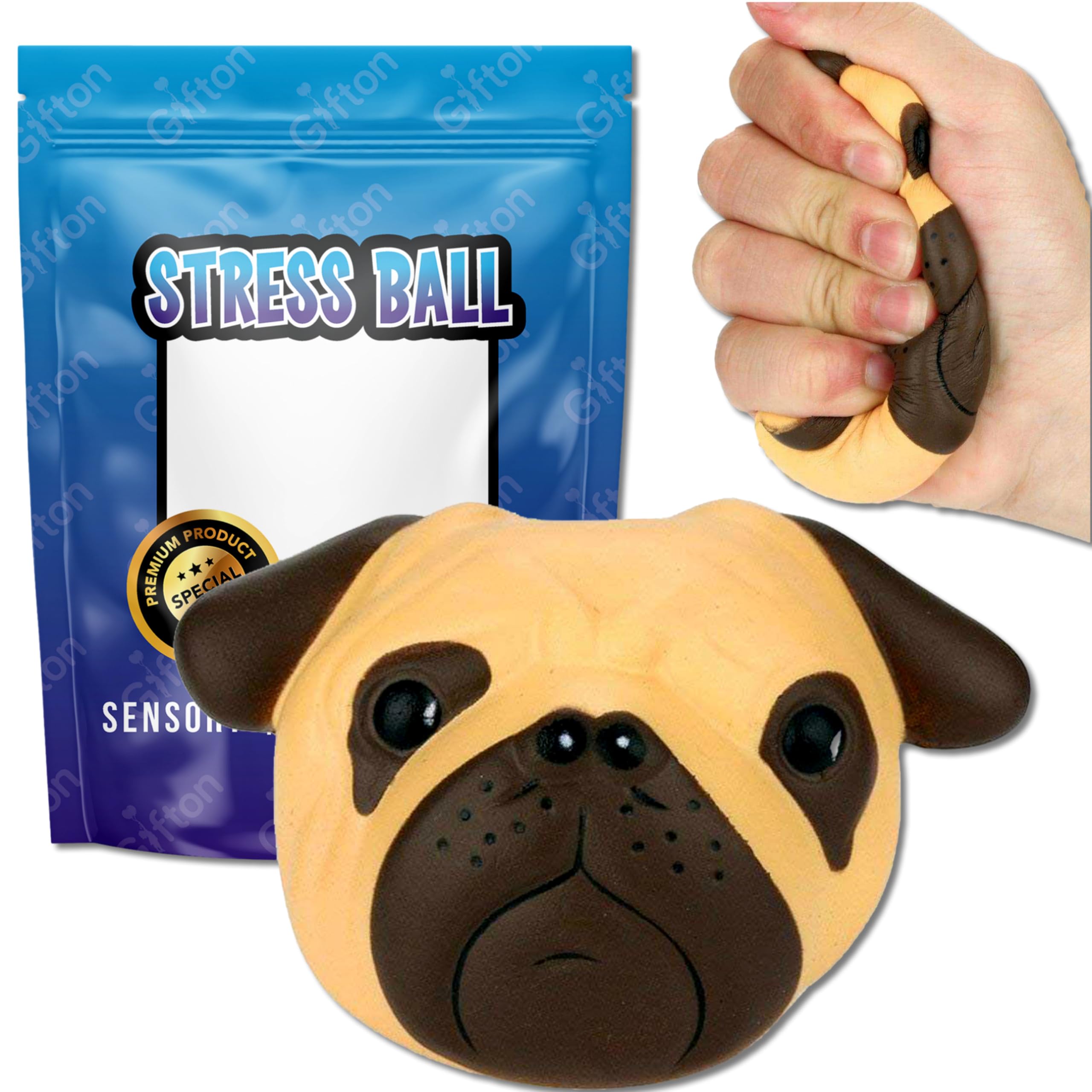 Gifton  DNA Stress Ball Pug Dog - Squeeze Stress Relief Fidget Toy for Anxiety Autism ADHD Bad Habits - Sensory Stretchy Rubber Ball - Gift for Kids and Adults Men Women Boy Girl