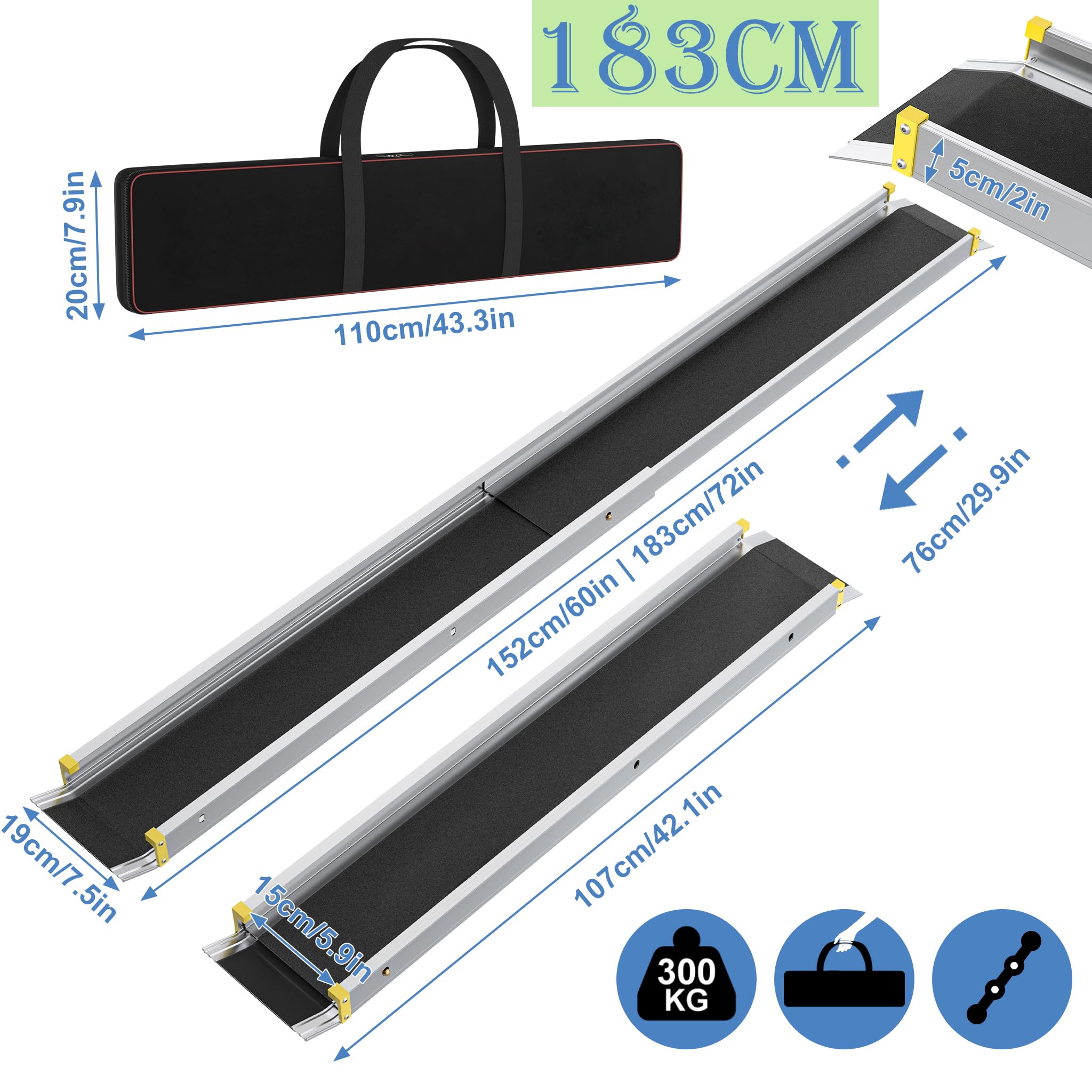 YRHome Rampa telescópica para silla de ruedas (2 unidades, 107 – 183 cm, telescópica, ajustable, antideslizante y portátil, hasta 300 kg, para sillas de ruedas manuales, aluminio, rampa para escaleras