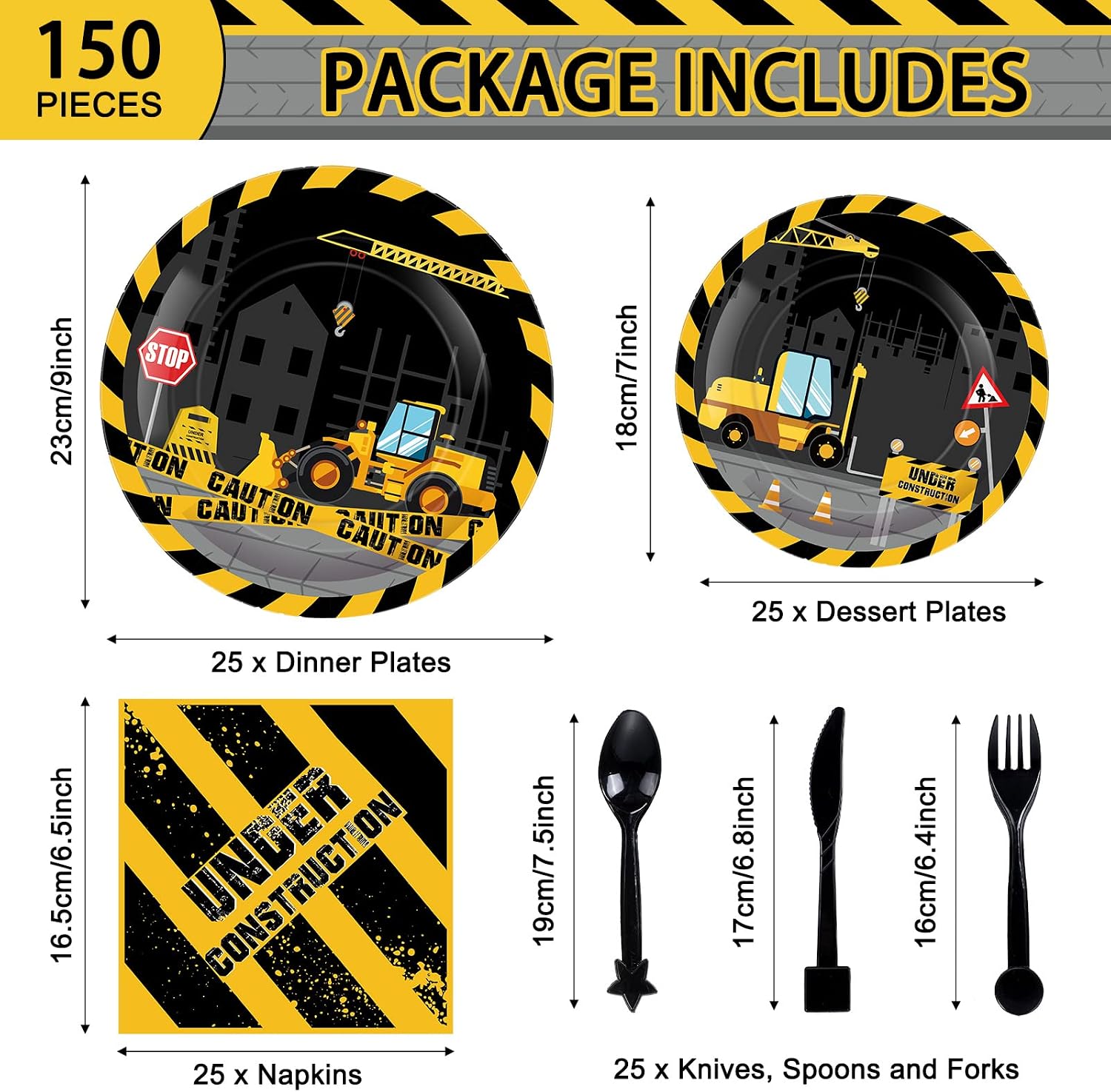 Funrous 150 Pcs Construction Birthday Party Supplies Construction Plates and Napkins Tablecloth Sets Truck Theme Decorations for Boys Kids Tractor Dump Decorations, Serves 24 Guests