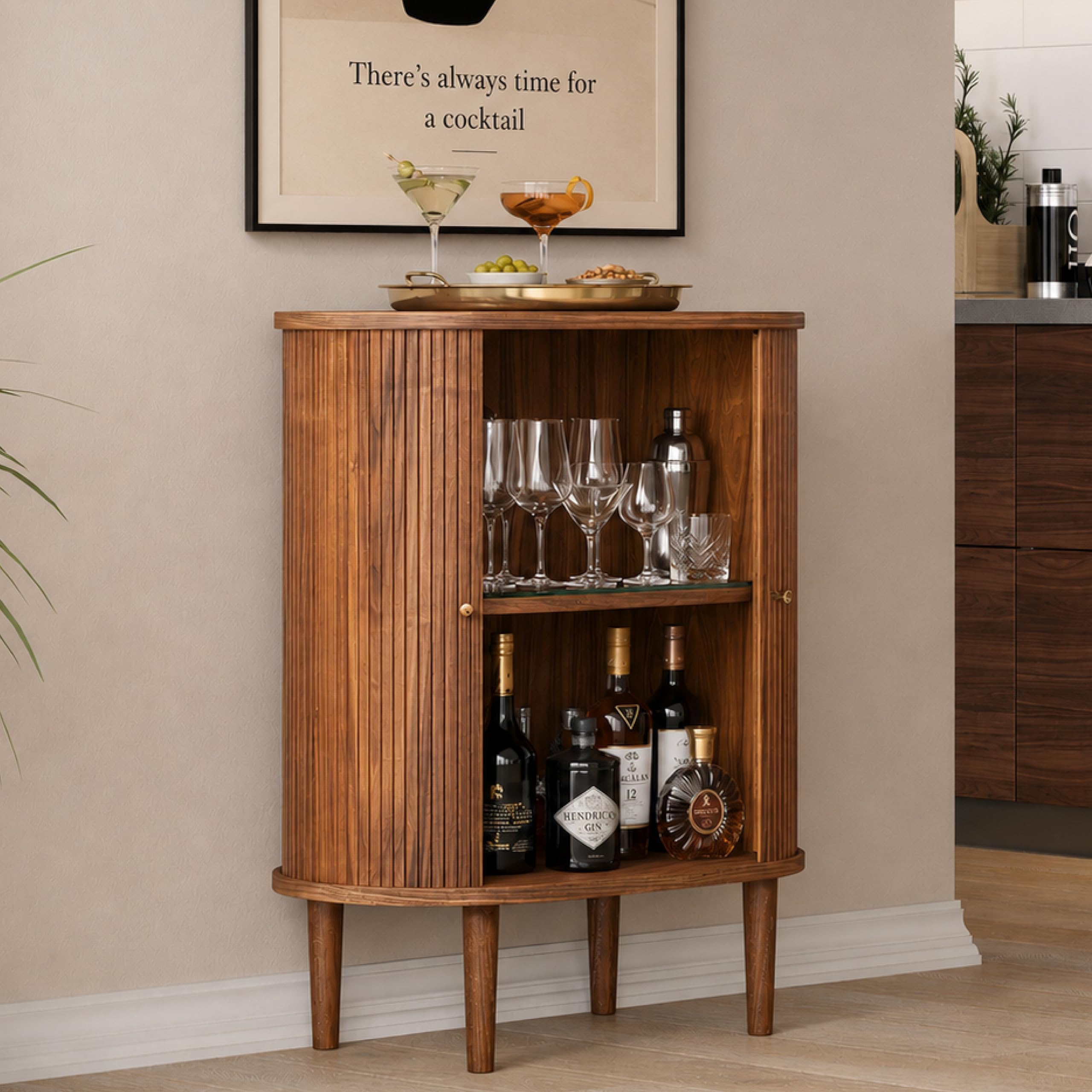 - WERMO 28'' Fluted Bar Cabinet with Sliding Doors, Hidden Storage and Adjustable Shelf - Modern Liquor Cabinet and Narrow Wine Bar, Small Coffee Station, 28 Inch Wide Fluted Sideboard Buffet (Walnut)
