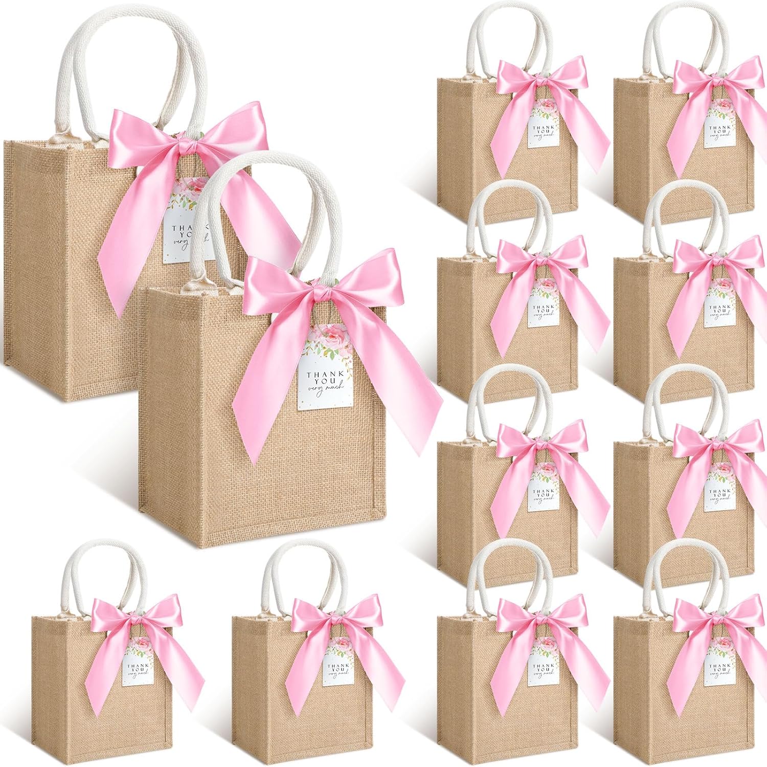 Windyun 12 Pcs Burlap Tote Gift Bag with Handle, Reusable Gift Bag with Thanks Card and Ribbon for Wedding Bridesmaid Party