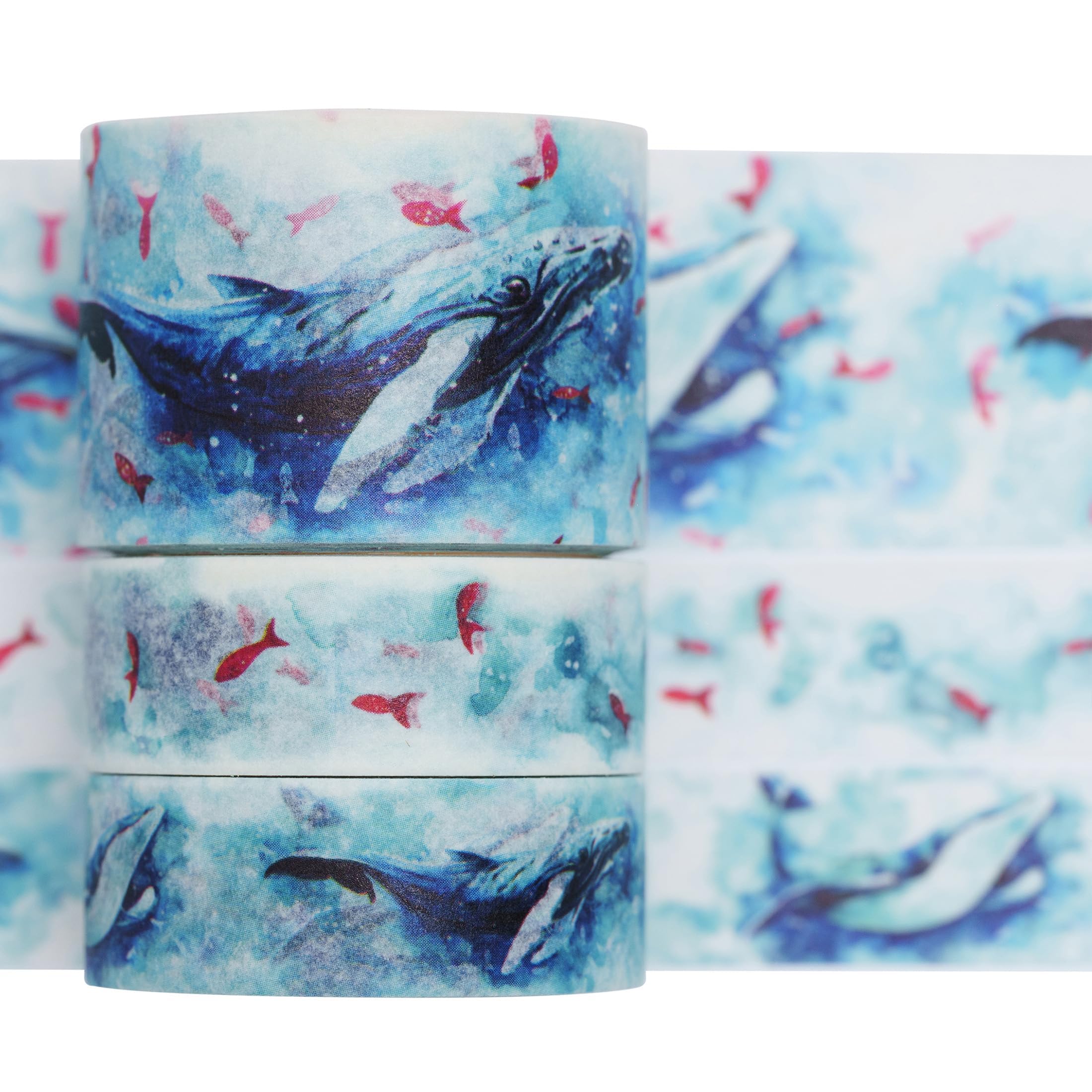 KAVI' S Cute Printed Washi Tape 3 Rolls Japanese-Style Masking Tape Set Decorative for Arts, DIY Crafts, Journal Supplies, Planners, Scrapbook, Card/Gift Wrapping (Mythical Fish)