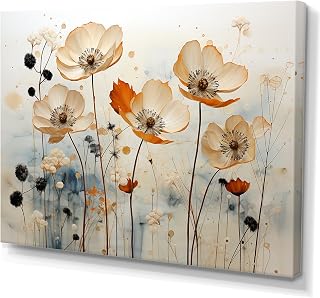 DesignQ Large Cornflowers Wall Art, Peach Cornflowers In Minimalist Style, Cornflowers Wall art decor, Beige Canvas wall art, 20x12 inches