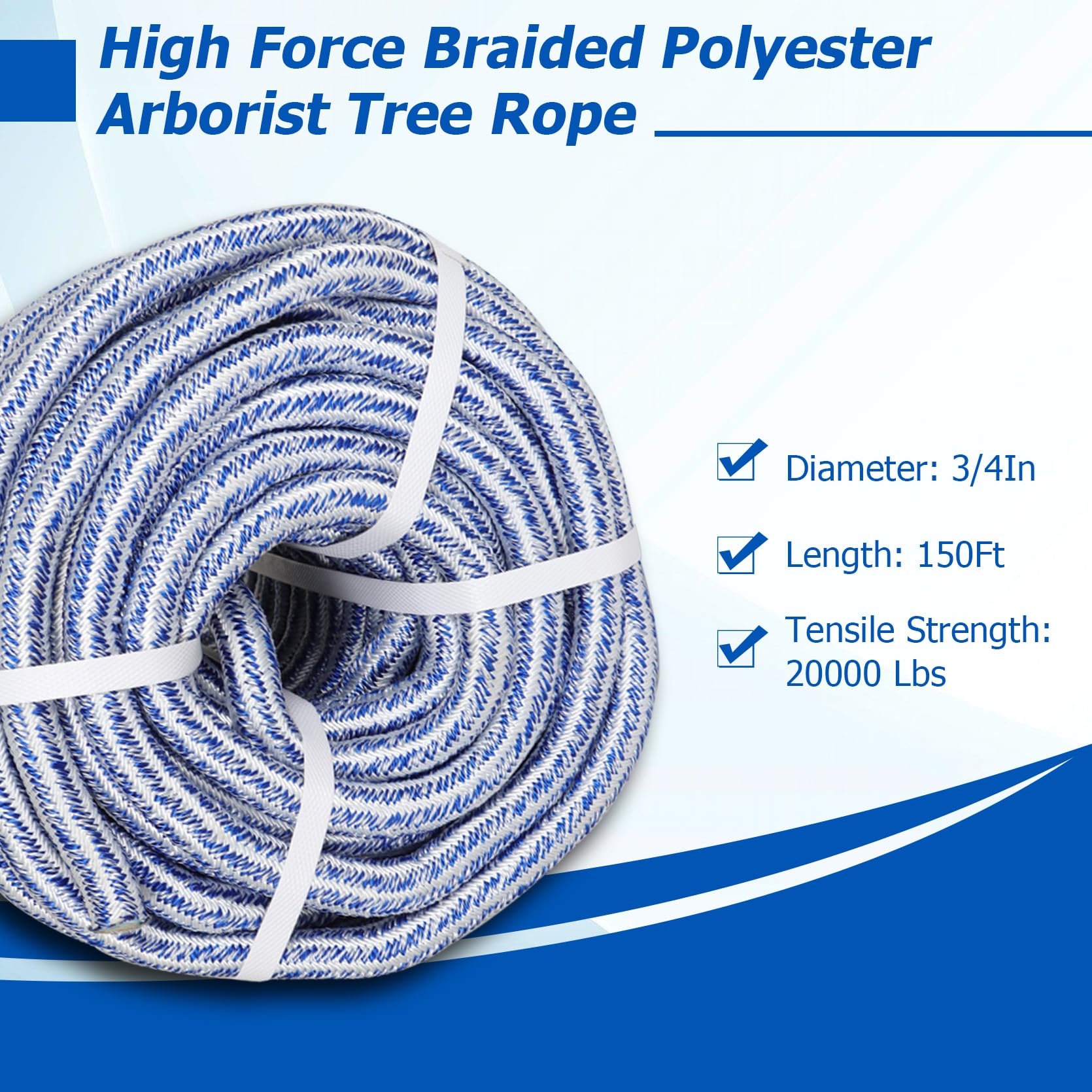 TINVHY 3/4 Inch x 150 Feet Double Braid Polyester Rope 20000Lbs