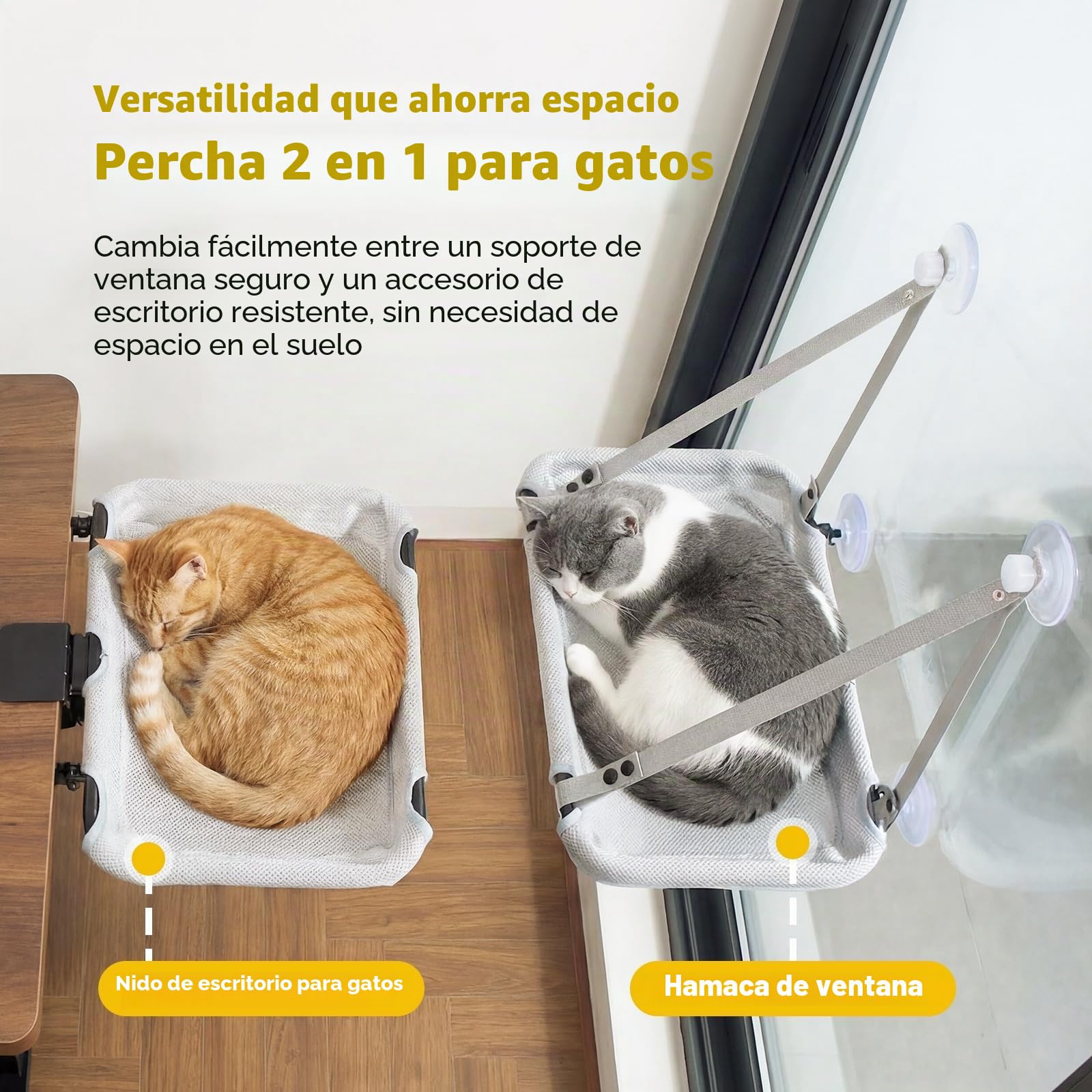 CATISM 2 en 1 Escritorio para Gatos & Plegable Hamaca GatoVentana de hasta 18kg, Lavable Cama para Gatos con Ventosa Fuerte para Oficina en casa